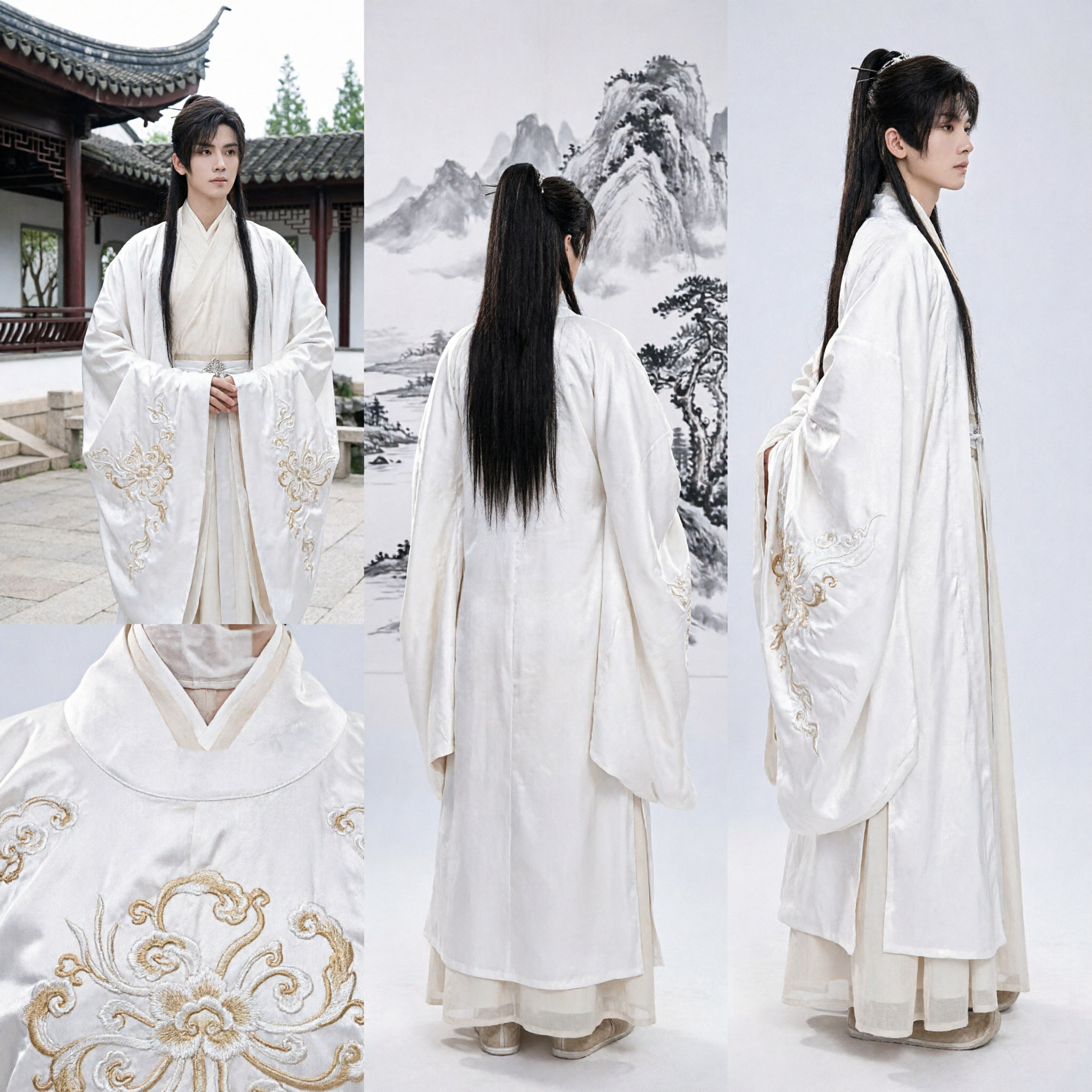 Traditional Chinese Hanfu Men's White Robe Ancient Scholar Clothing Cosplay Costume with Wide Sleeves