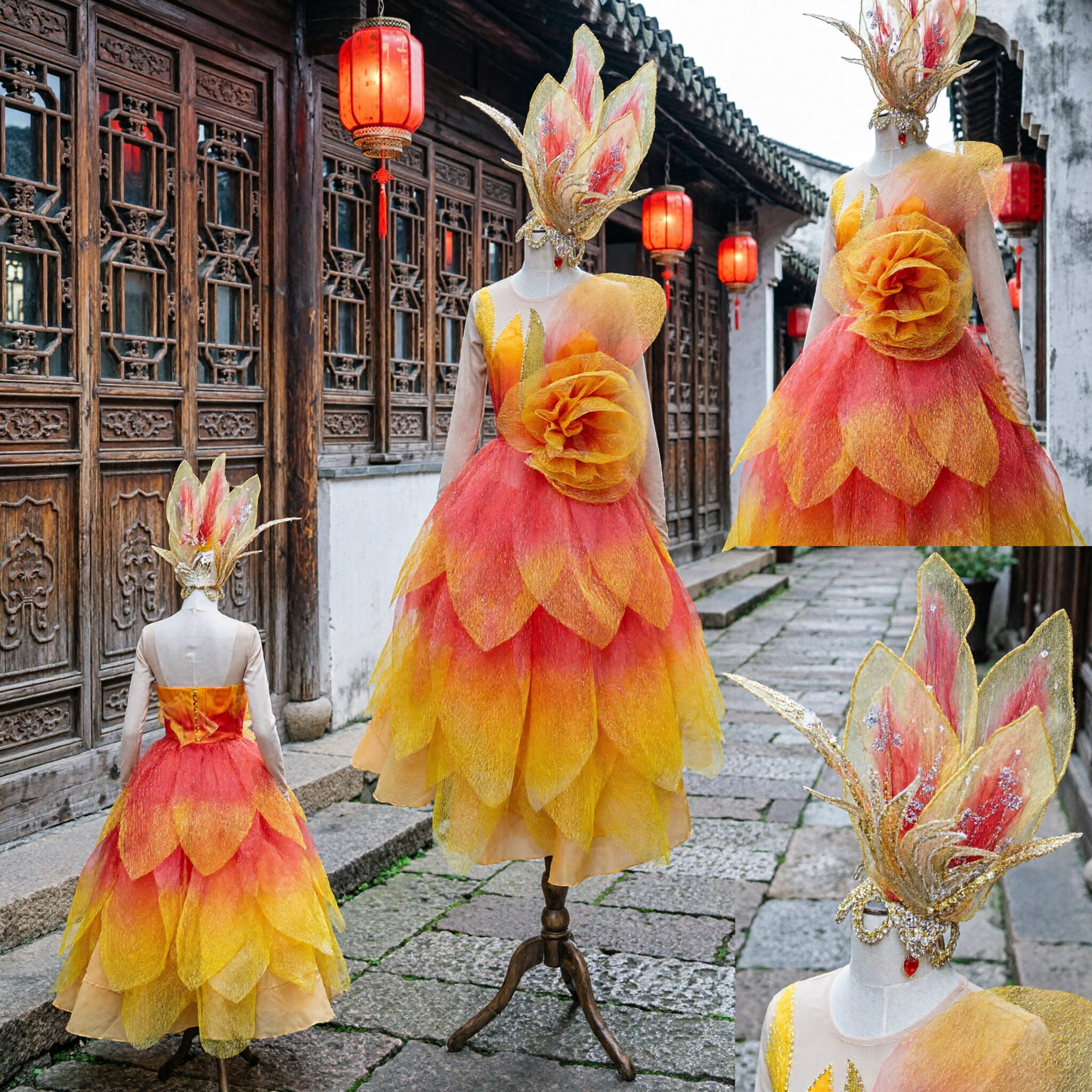 Women's Vibrant Yellow and Orange Flower Stage Performance Costume with Matching Headpiece for Dance Shows