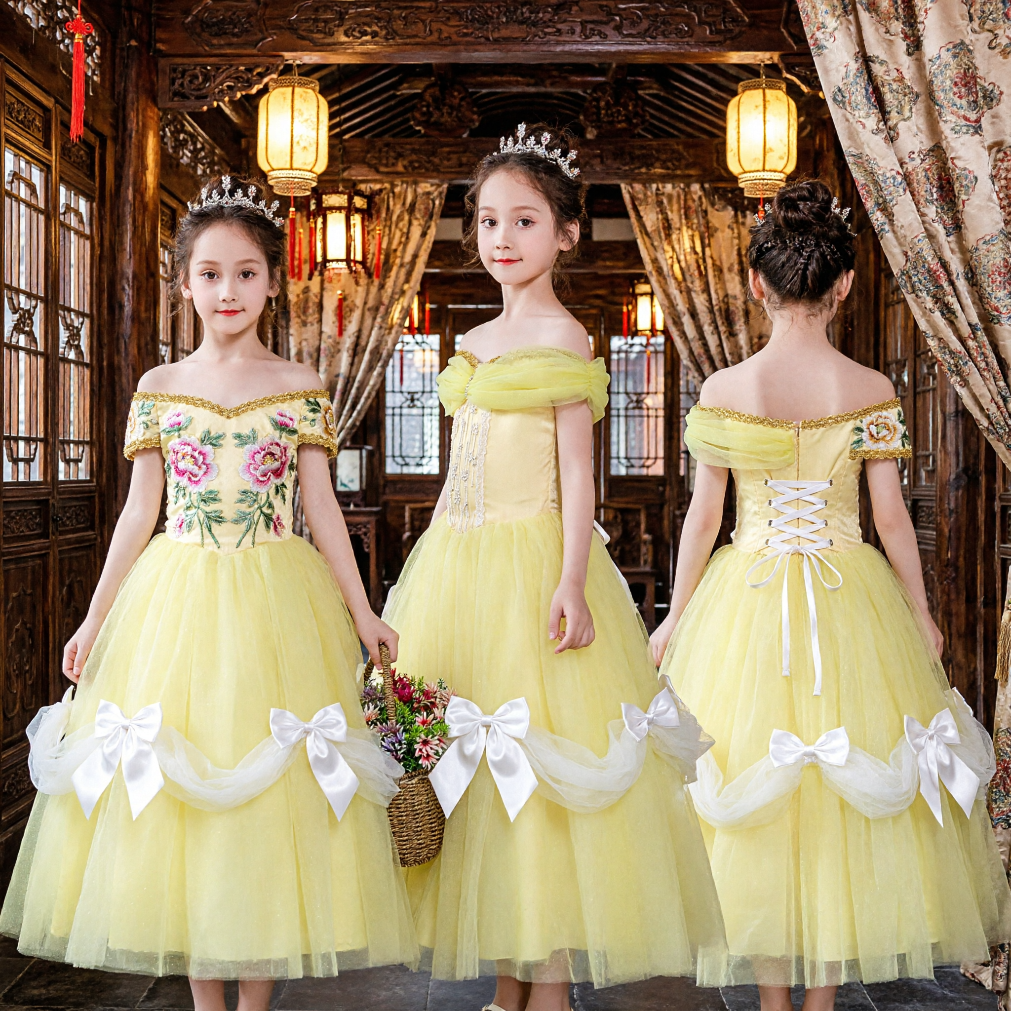 Elegant Yellow Off-Shoulder Princess Ball Gown Dress for Girls Kids Halloween Cosplay Costume Party