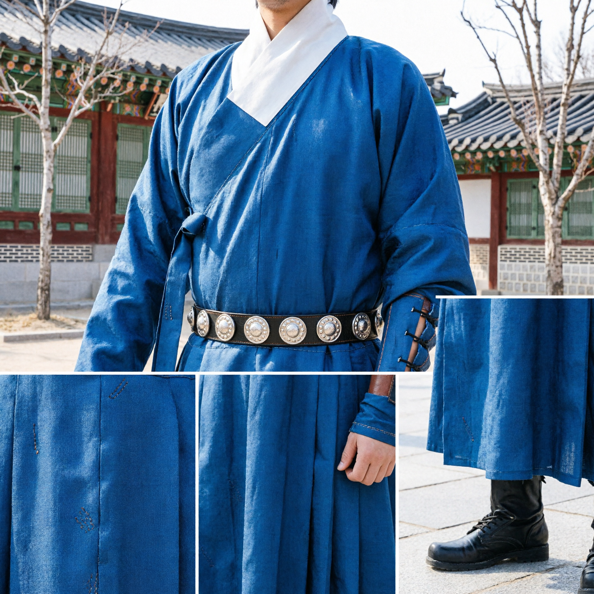 Men's Traditional Korean Archery Blue Hanbok Robe and Gat Hat Set for Historical Reenactment