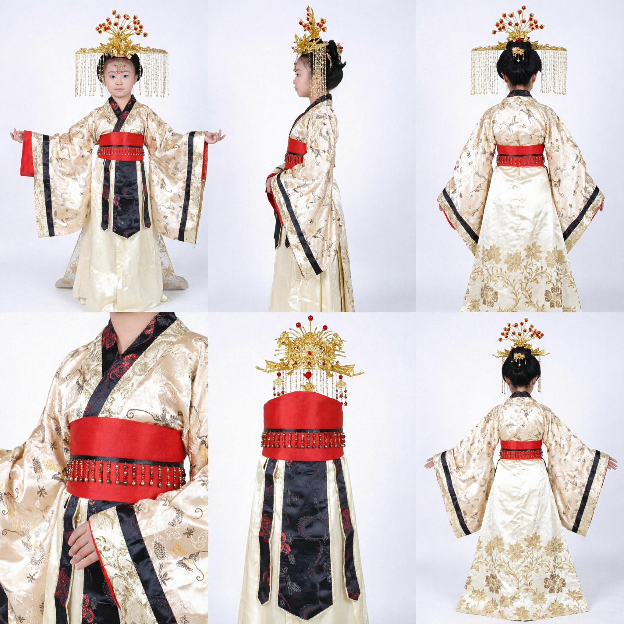 Girls Ancient Chinese Hanfu Traditional Imperial Queen Princess Costume Gold Satin Dress for Cosplay Dance Performance