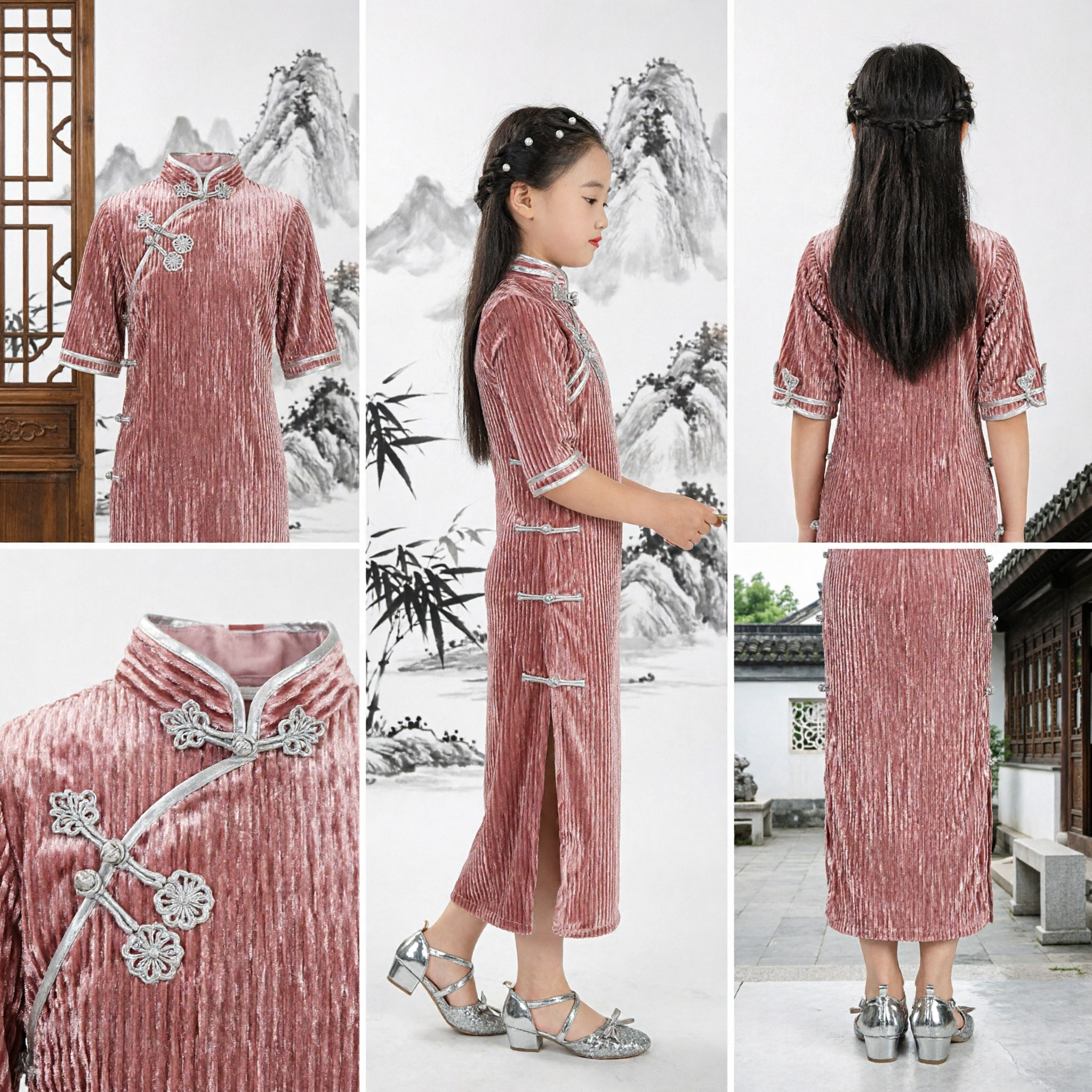 Girls Pink Velvet Traditional Chinese Cheongsam Qipao Dress for Kids Stage Performance Costume