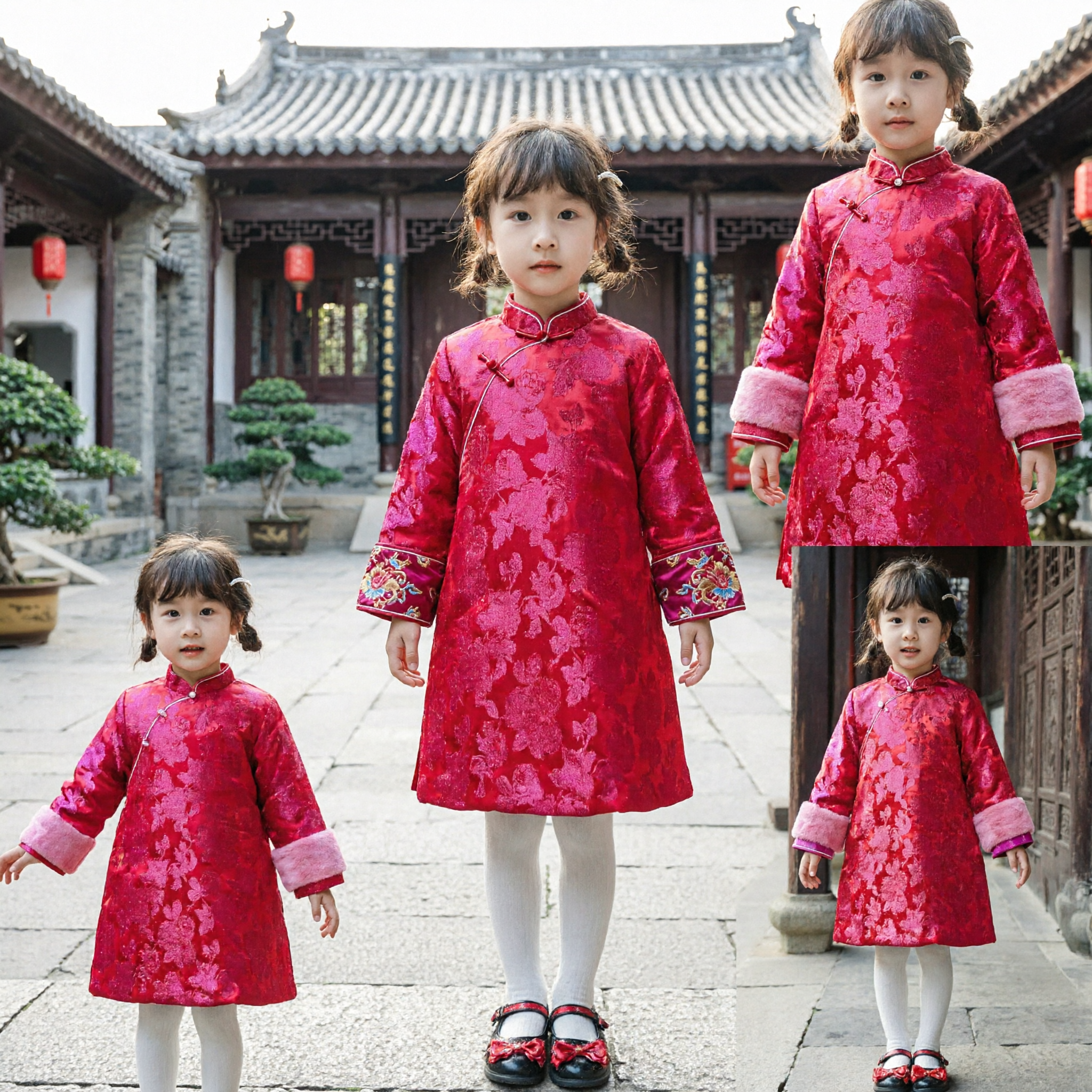 Kids Girls Traditional Chinese New Year Red Tang Suit Winter Warm Brocade Dress Coat