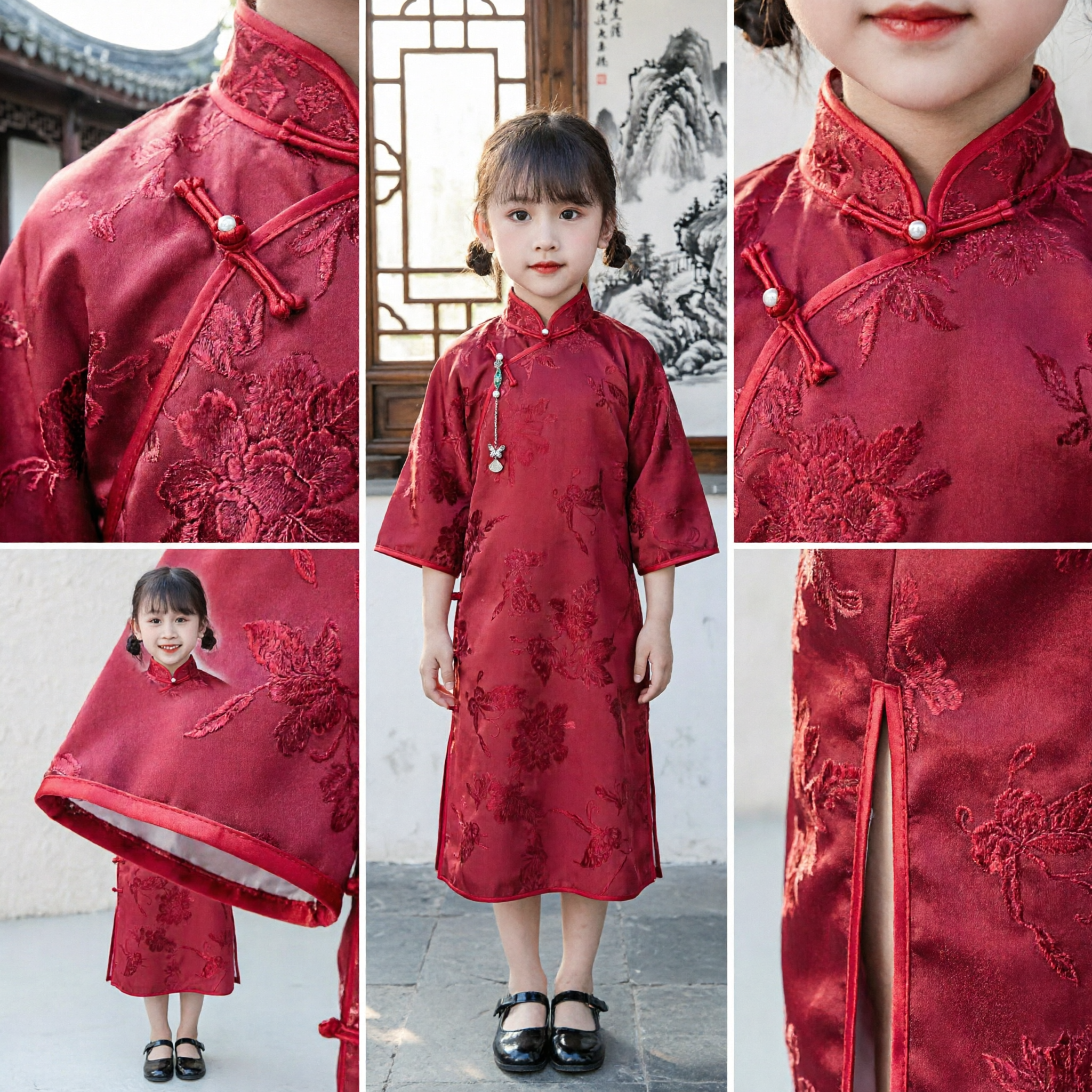 Girls Red Traditional Chinese Qipao Dress Kids Butterfly Jacquard Cheongsam Tang Suit for New Year