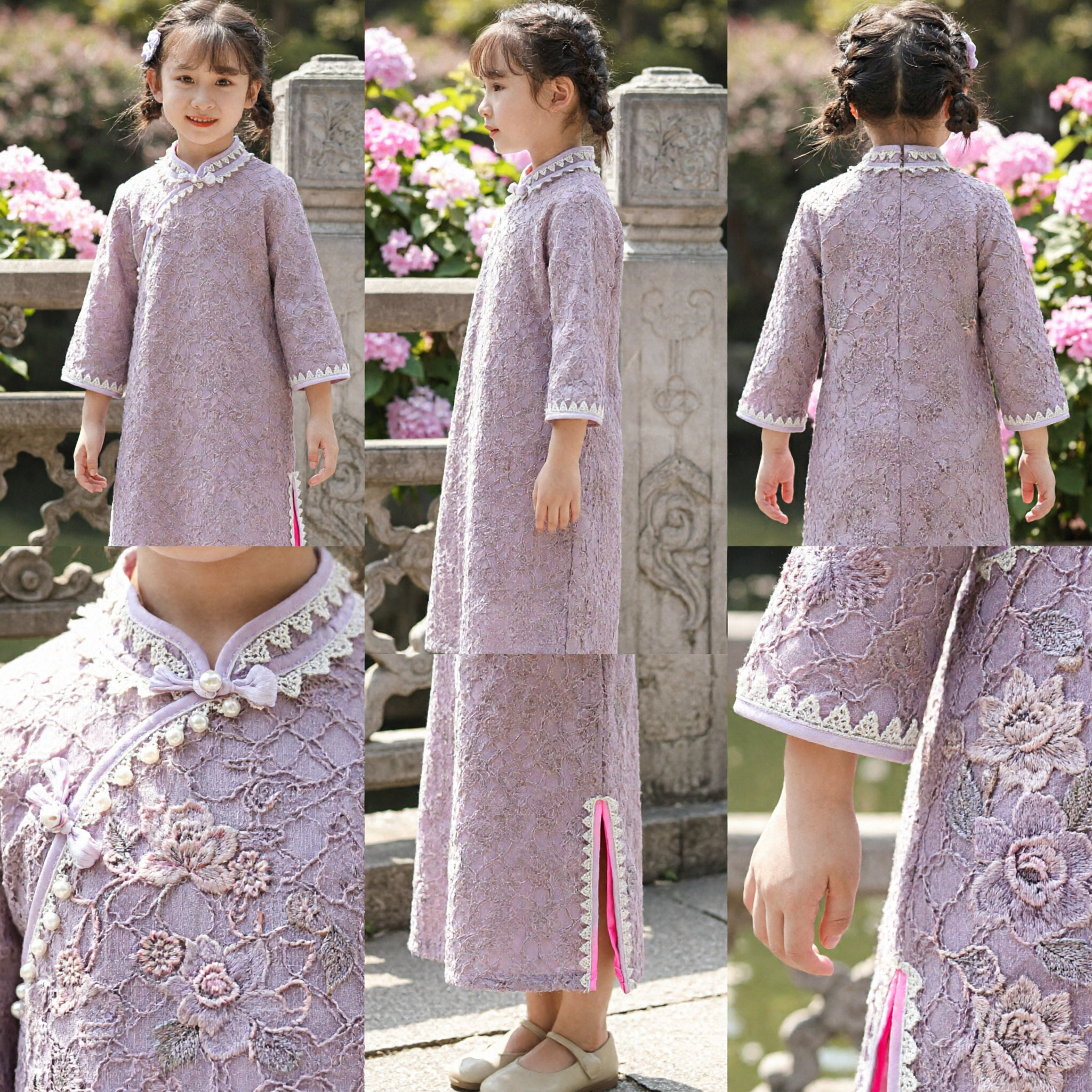 Traditional Chinese Purple Lace Cheongsam Dress for Girls Kids Qipao Costume Festival Party Wear