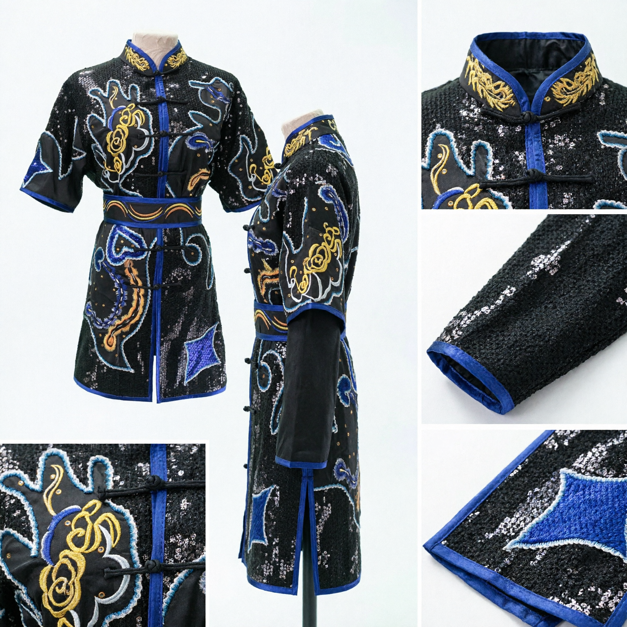 Men's Traditional Chinese Kung Fu Uniform Black Sequin Wushu Martial Arts Lion Dance Performance Costume
