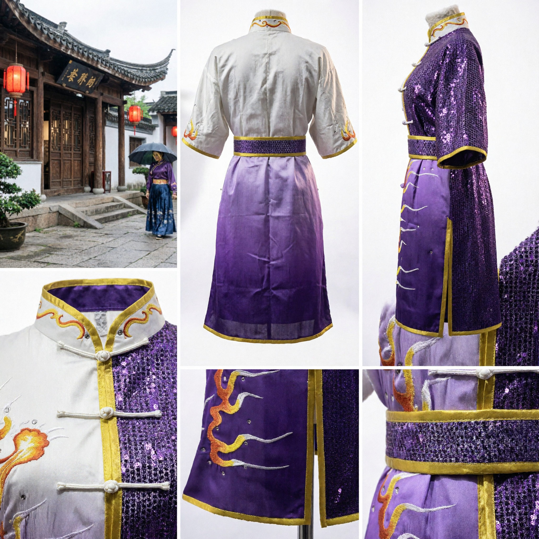 Traditional Chinese Kung Fu Uniform Purple Sequin Dragon Embroidery Martial Arts Tai Chi Performance Costume for Men
