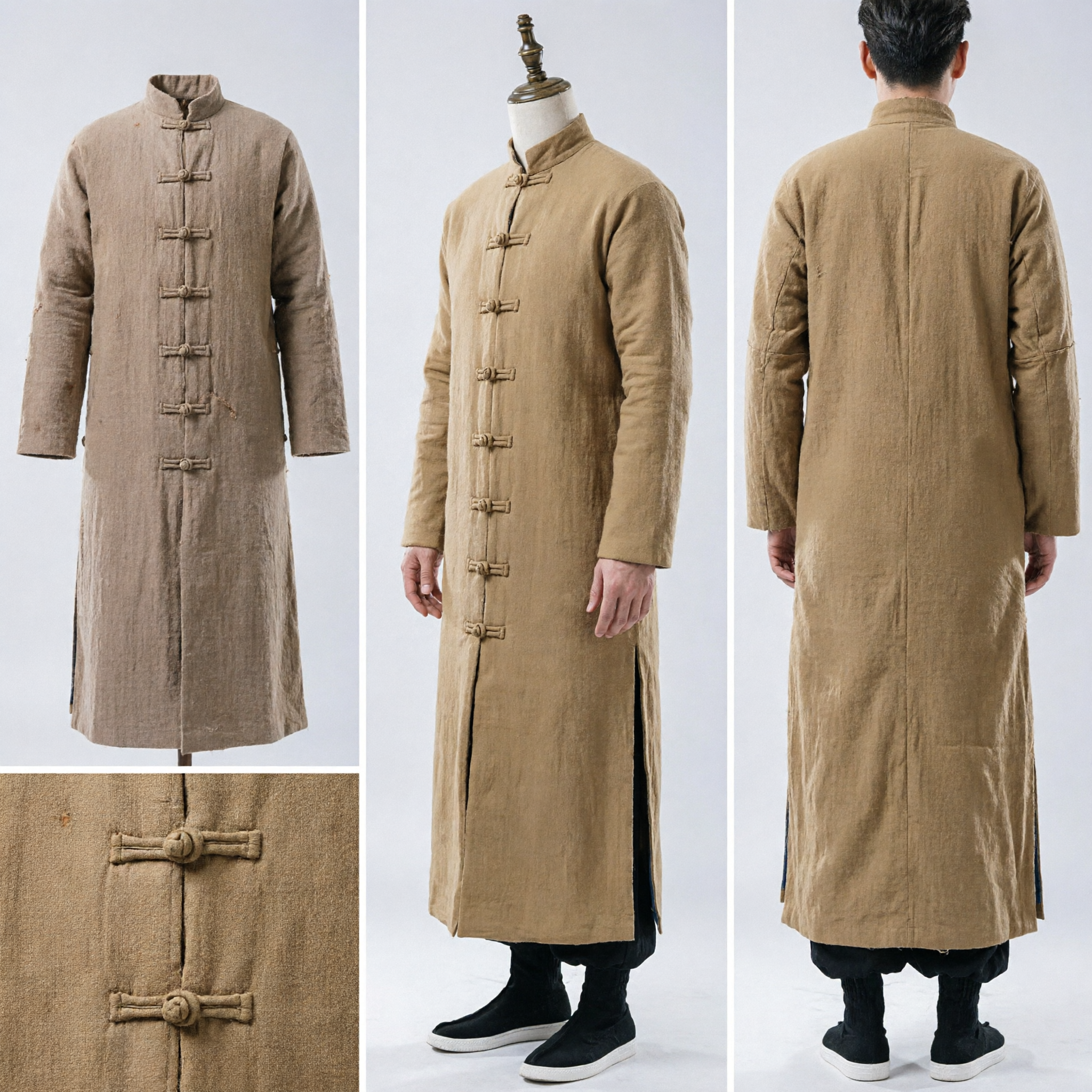 Men's Traditional Chinese Changshan Long Coat Camel Tang Suit Winter Cotton Padded Clothing Mandarin Collar