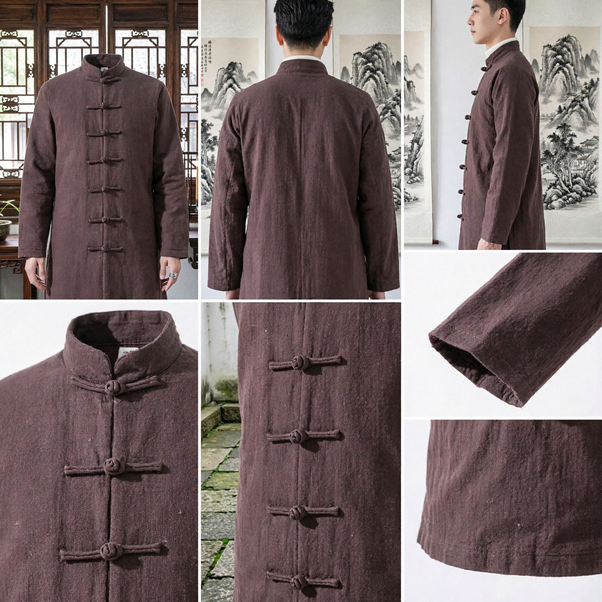 Men's Traditional Chinese Long Coat Tang Suit Mandarin Collar Frog Button Casual Winter Outerwear