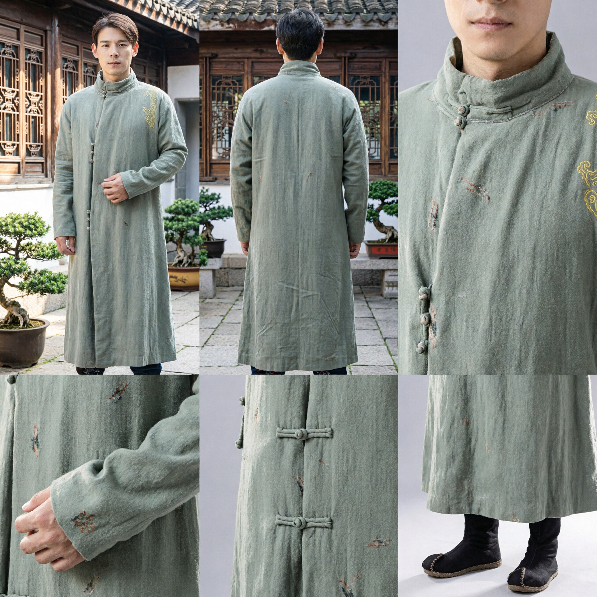 Men's Traditional Chinese Changshan Robe Green Linen Mandarin Collar Kung Fu Costume for Tea Ceremony Performance