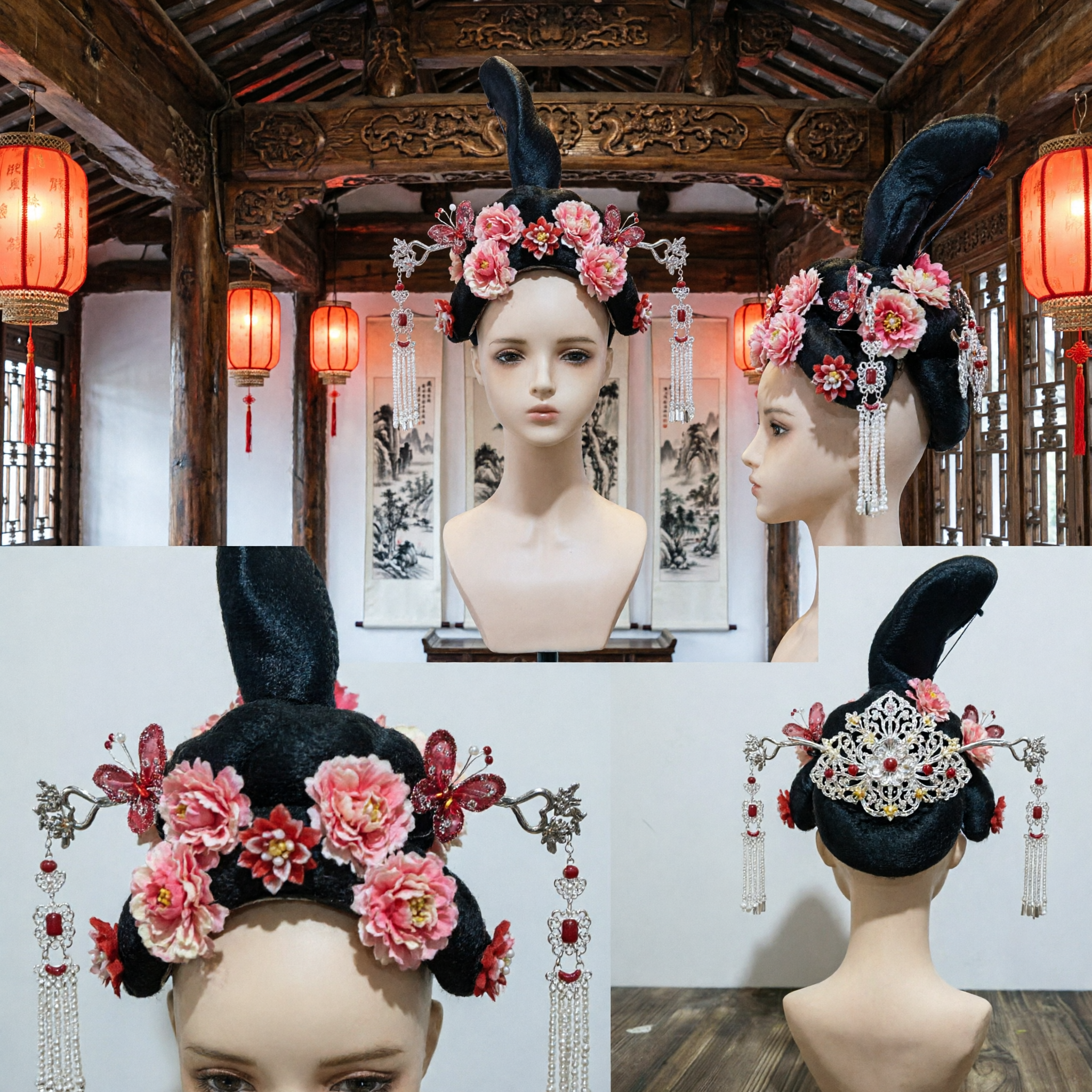 Traditional Chinese Qing Dynasty Manchu Princess Headpiece Wig with Pink Peonies and Silver Tassels for Cosplay