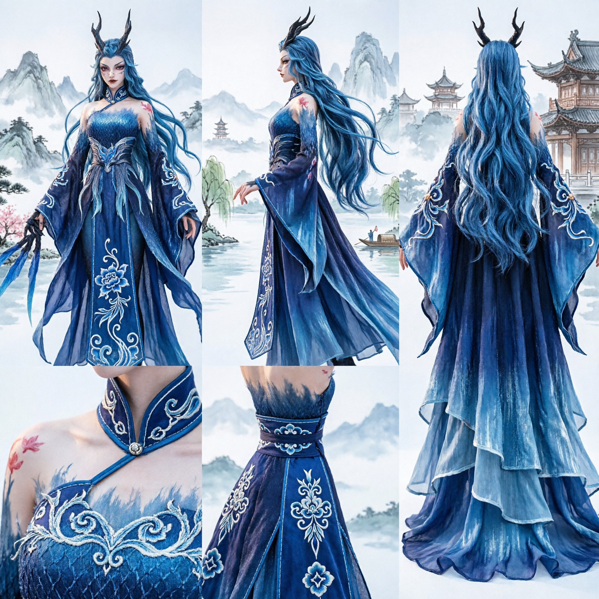 Blue Dragon Queen Cosplay Costume Chinese Mythology Fantasy Dress for Women Halloween Party