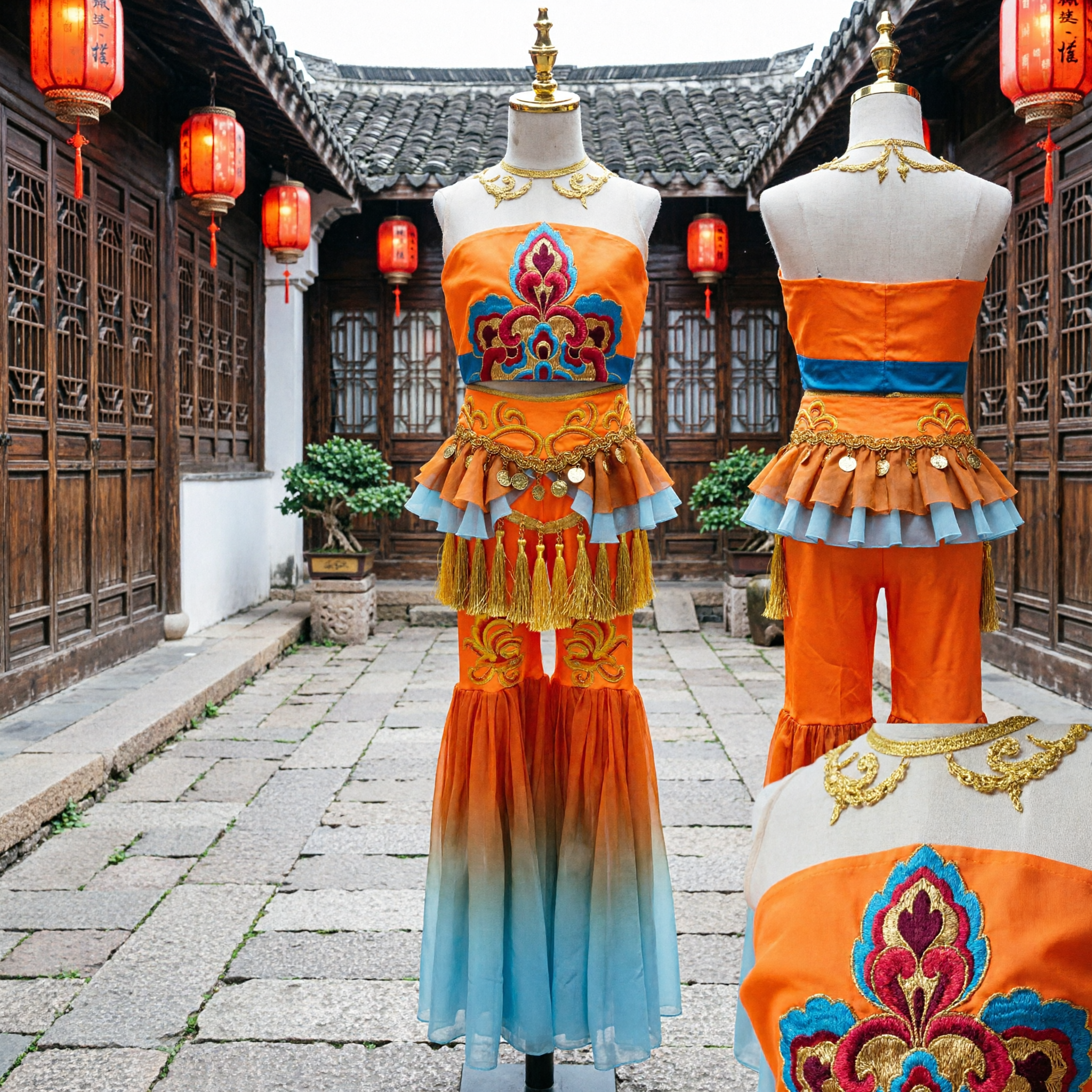 Women's Orange Chinese Folk Dance Costume Embroidered Two-Piece Set with Gradient Bell Bottoms for Stage Performance