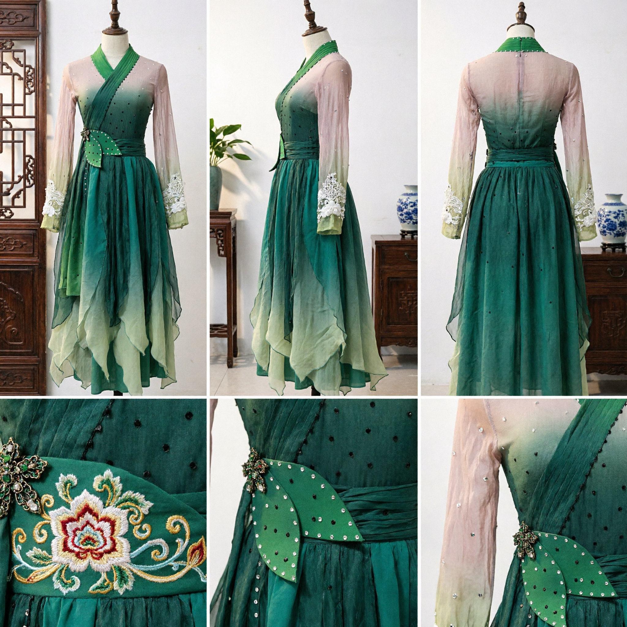 Elegant Green Gradient Chinese Folk Dance Costume Long Dress for Women Stage Performance and Competition