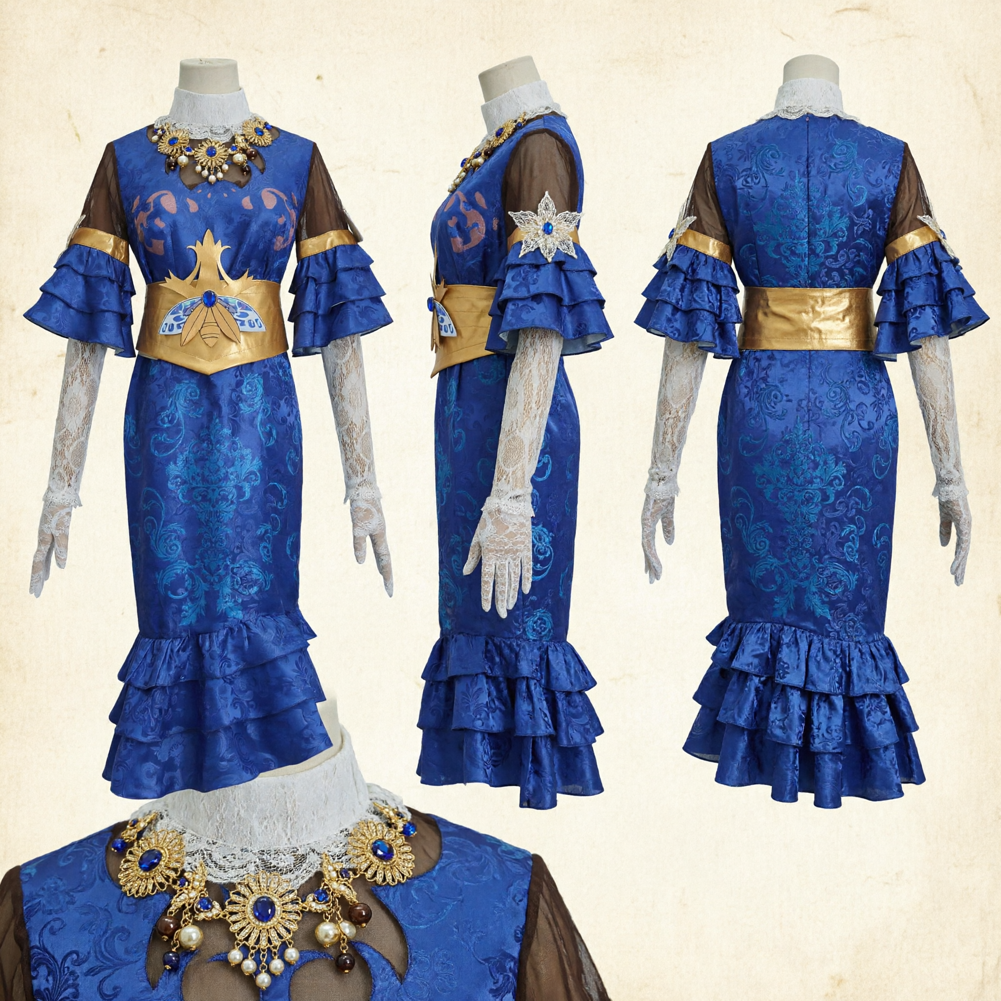 Royal Blue Victorian Steampunk Cosplay Dress with Gold Bee Belt and White Lace Gloves for Women