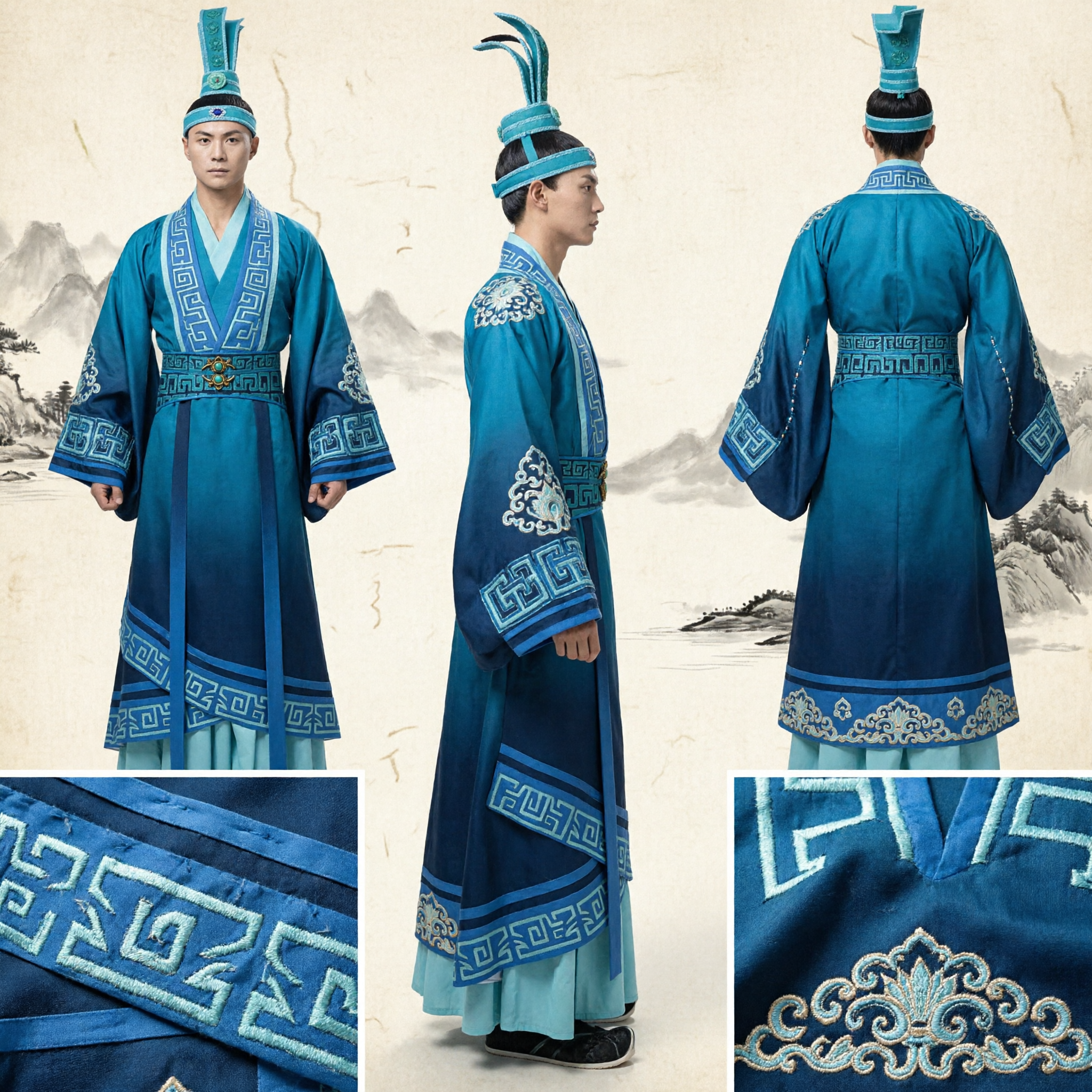 Men's Ancient Chinese Blue Scholar Hanfu Costume Traditional Dance Performance Outfit with Embroidered Robe and Hat