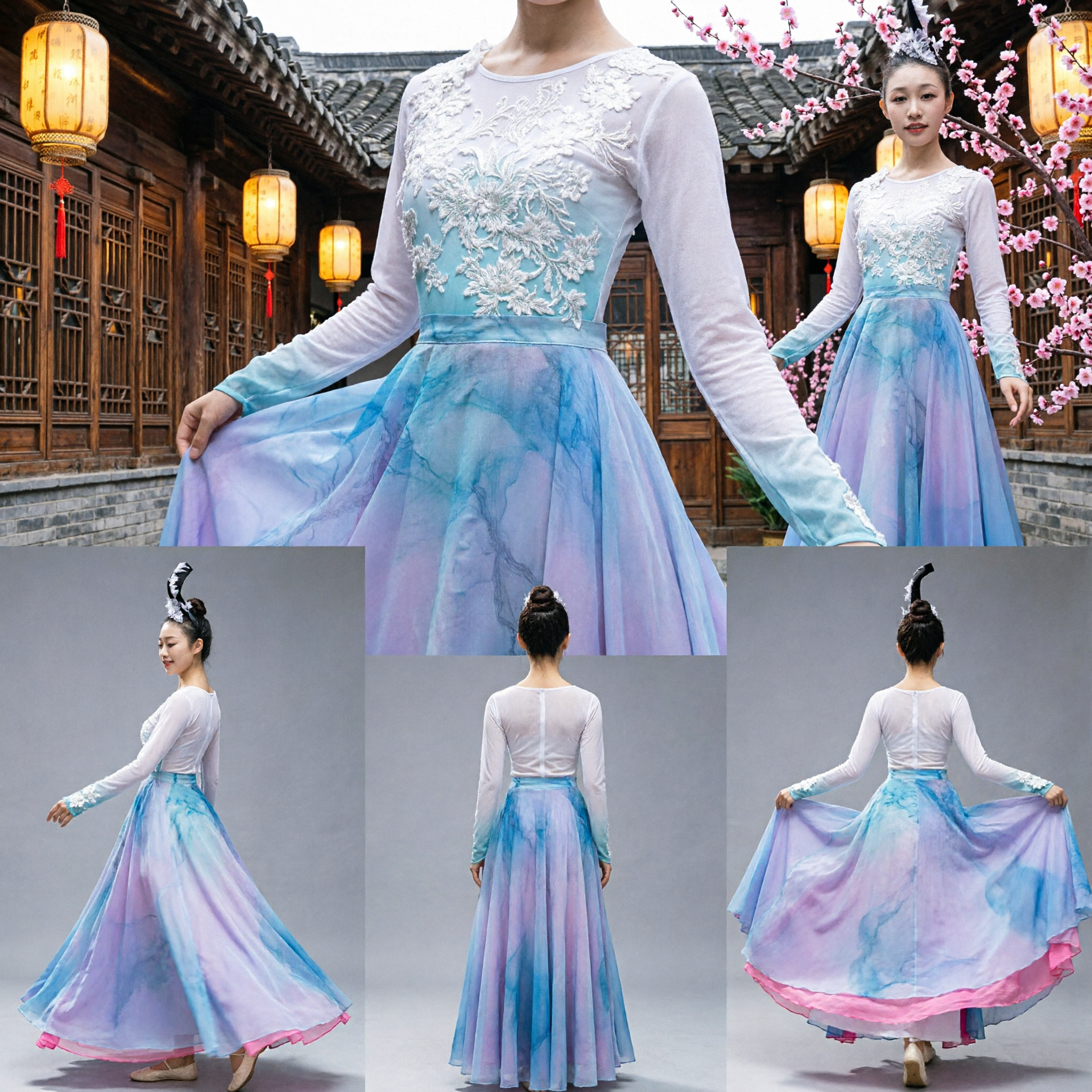 Professional Chinese Classical Dance Dress for Women Blue Gradient Skirt Long Sleeve Stage Performance Costume