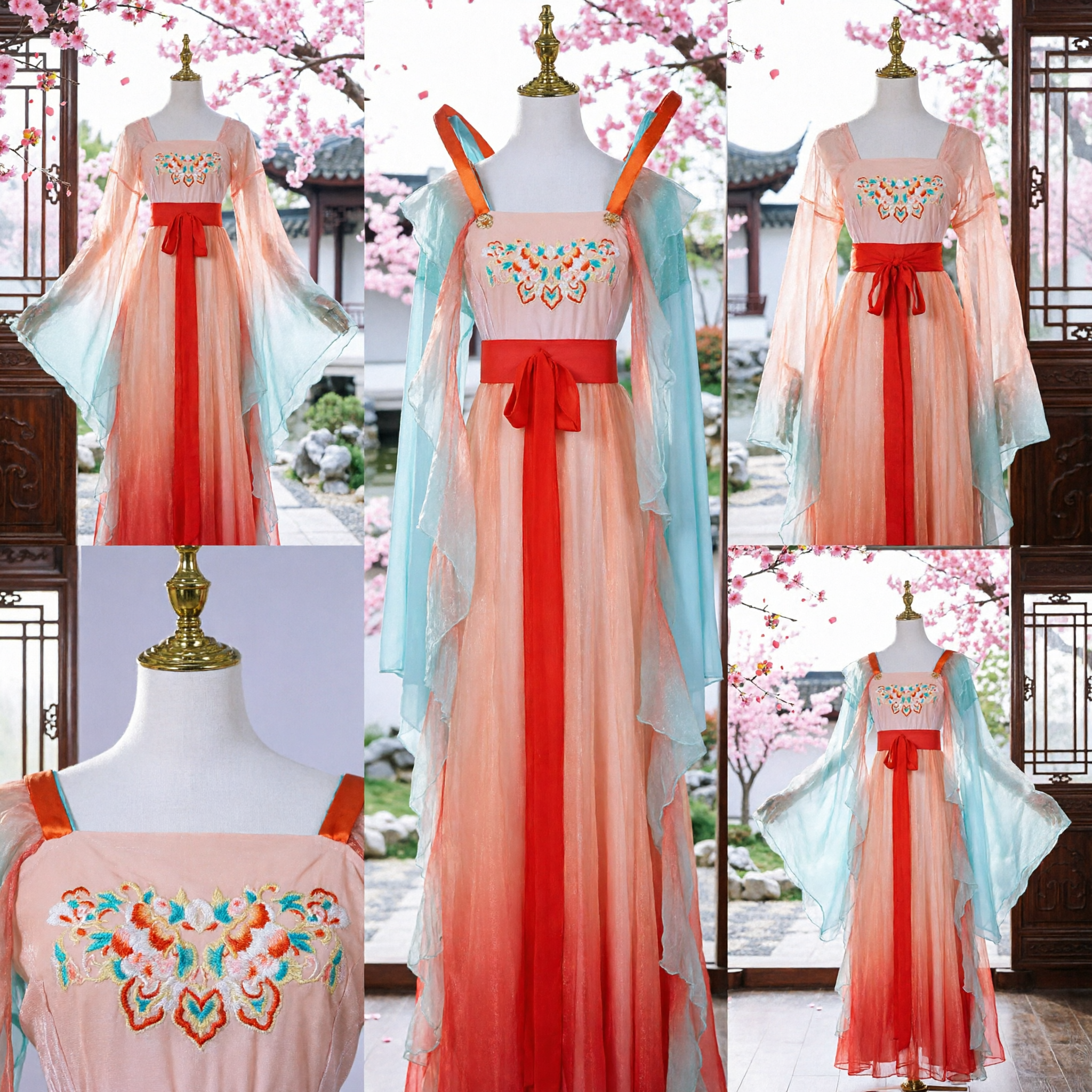 Chinese Traditional Hanfu Tang Dynasty Palace Lady Costume Gradient Pink Orange Dress for Women Cosplay Performance