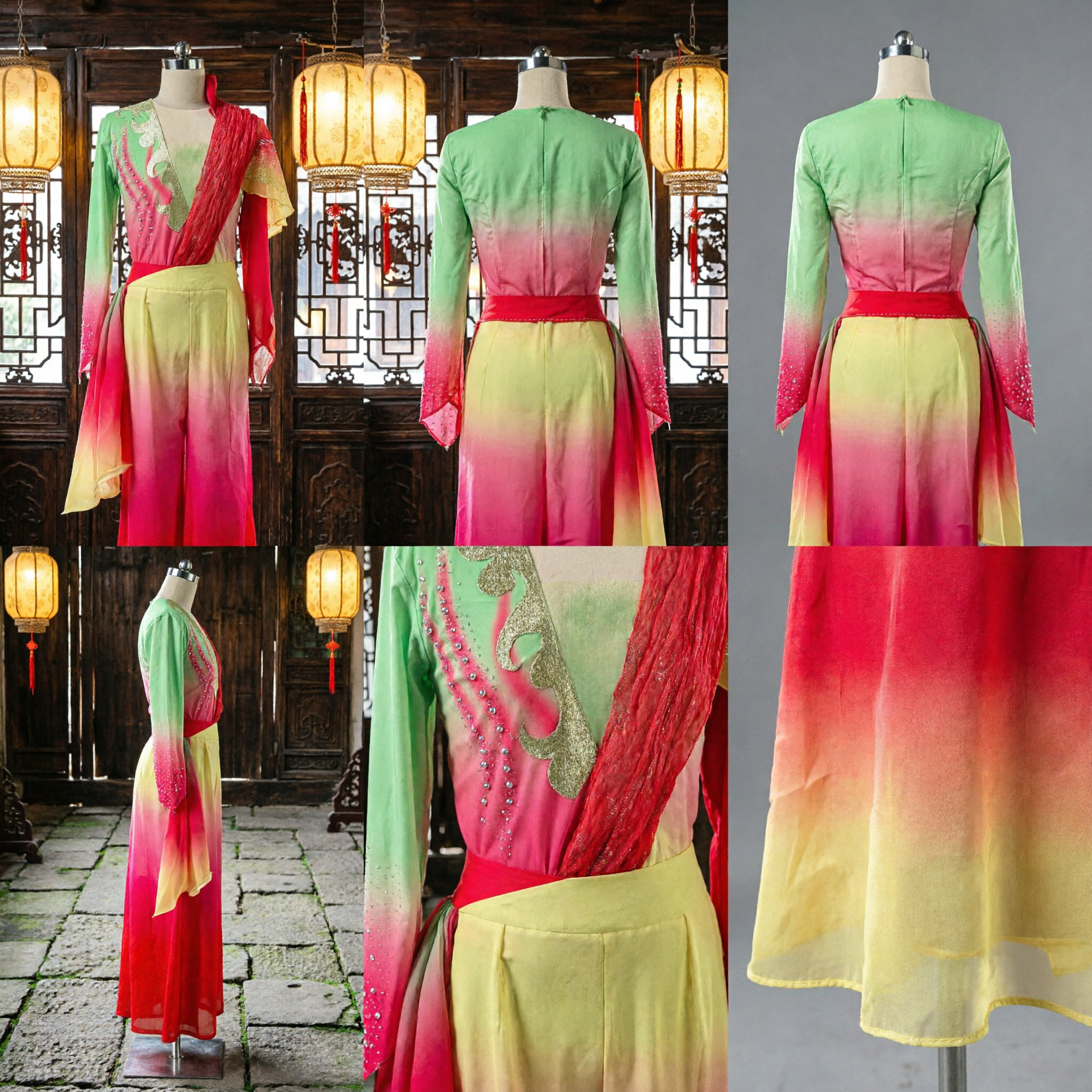 Chinese Classical Dance Costume Gradient Green and Red Stage Performance Dress with Rhinestones for Women