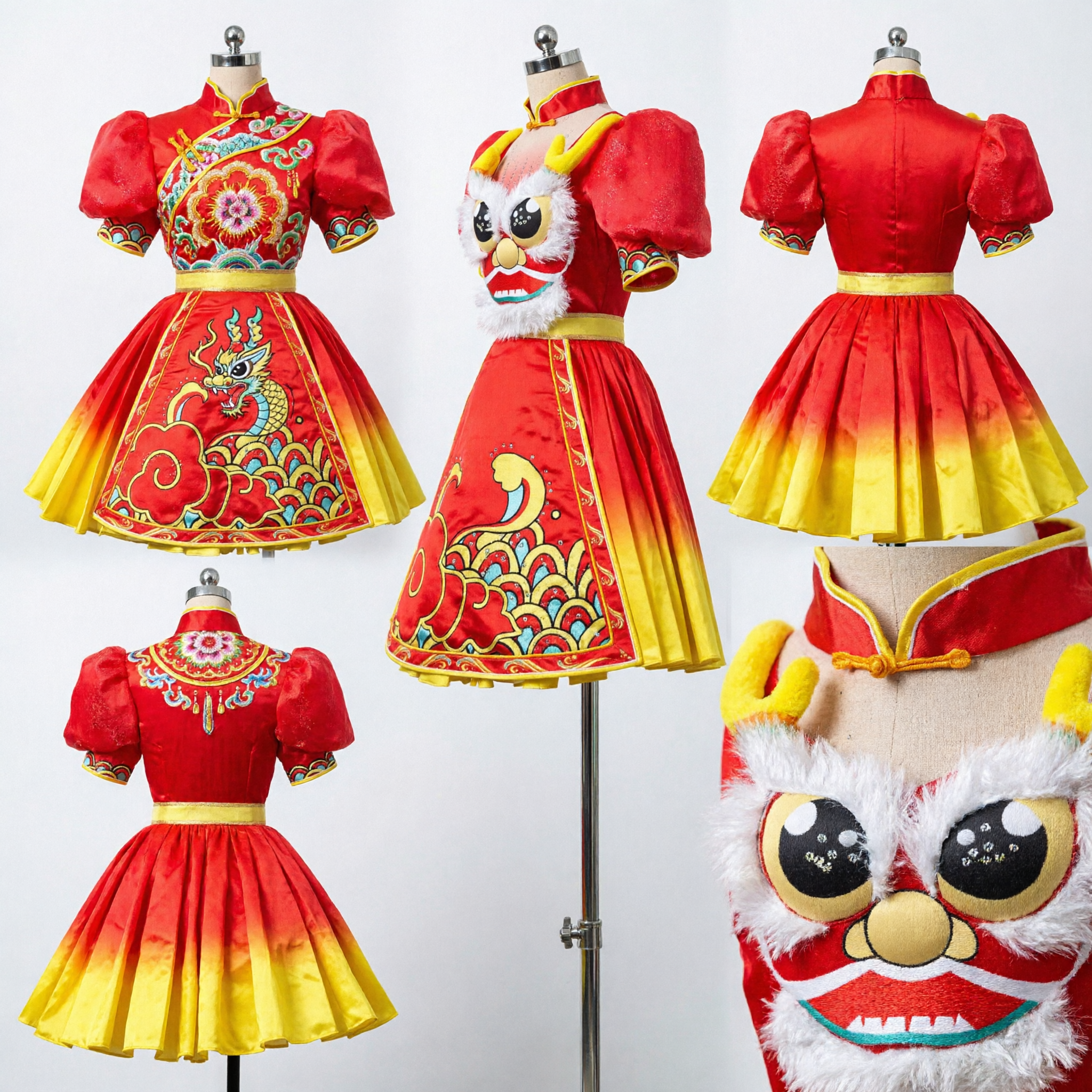Kids Chinese Lion Dance Costume Red Yellow Dress Girls Traditional Stage Performance Wear for Spring Festival
