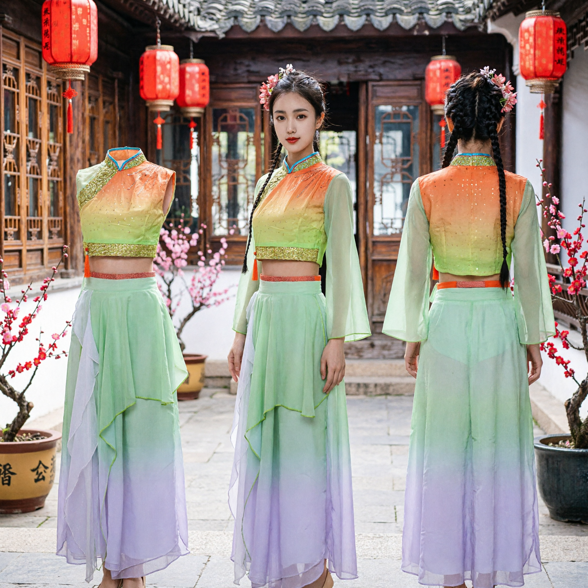 Chinese Traditional Folk Dance Costume Women Gradient Green Orange Top Skirt Set Classical Yangge Performance Outfit