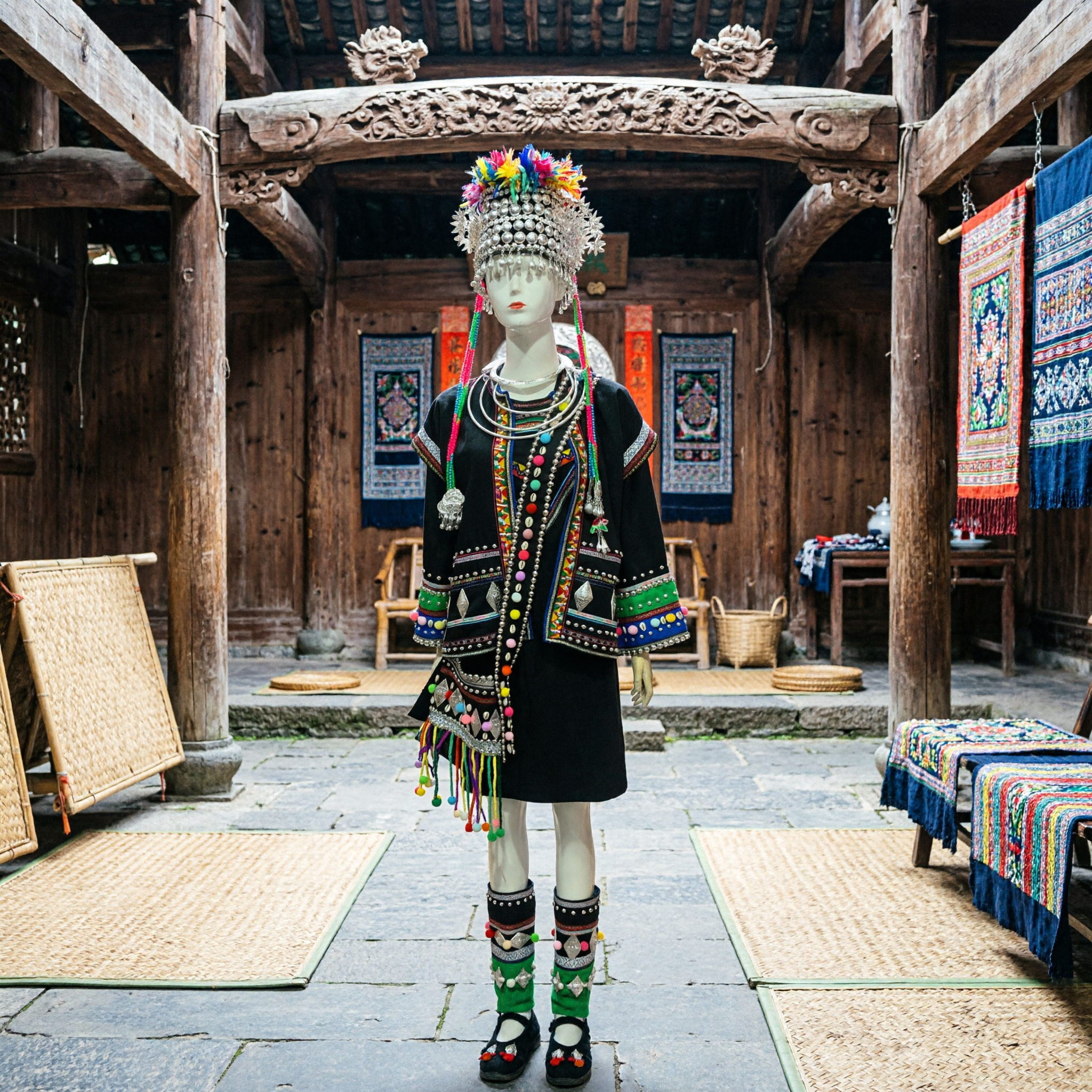 Traditional Chinese Ethnic Minority Folk Dance Costume Complete Set with Silver Headdress and Jewelry for Women