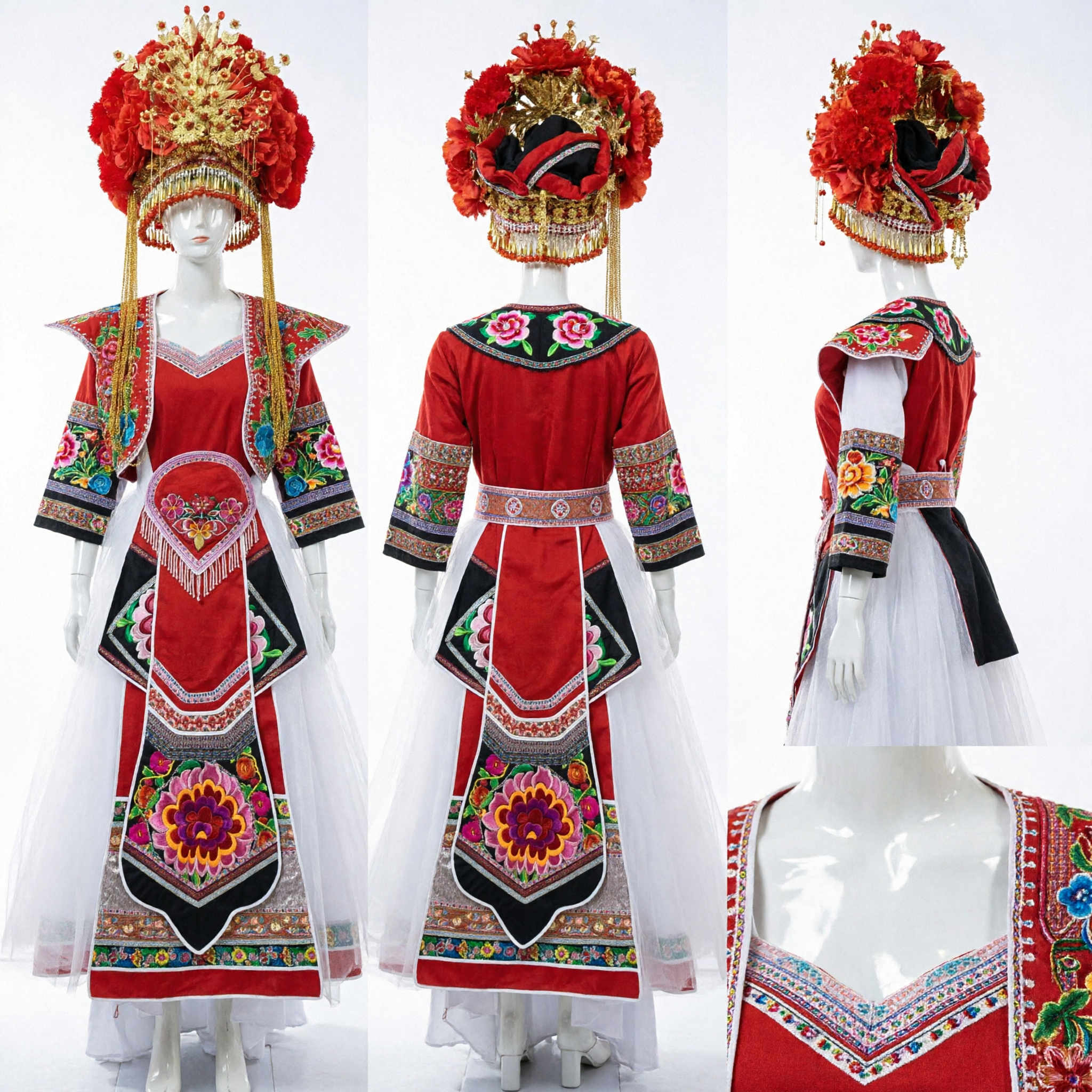Traditional Chinese Ethnic Minority Wedding Dress Red Embroidered Bridal Gown with Phoenix Crown Headpiece for Women