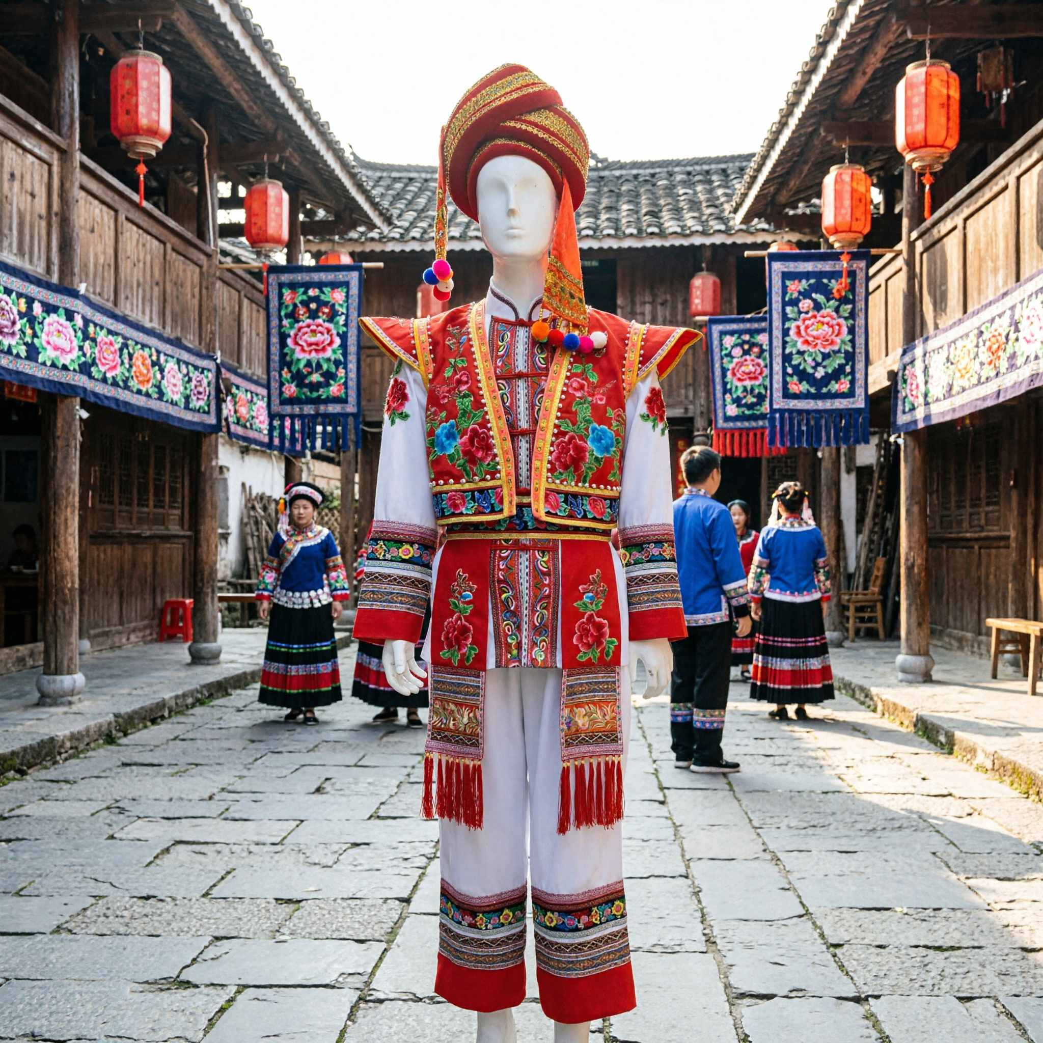 Traditional Chinese Ethnic Minority Folk Dance Costume Red Floral Embroidered Jacket and Pants Set for Stage Performance