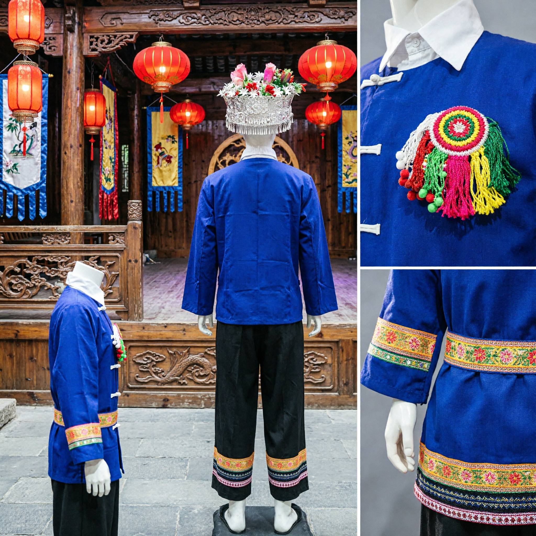 Traditional Chinese Bouyei Minority Men's Folk Dance Costume Complete Set Blue Shirt Black Trousers Hat for Stage Performance