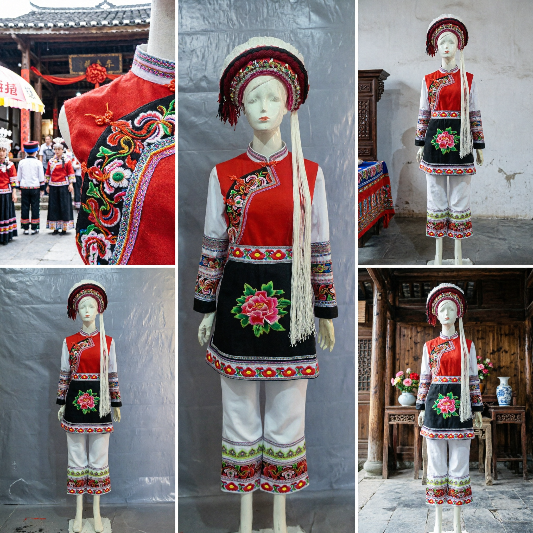 Traditional Chinese Bai Minority Ethnic Costume Women's Folk Dance Stage Performance Outfit with Embroidered Vest and Hat