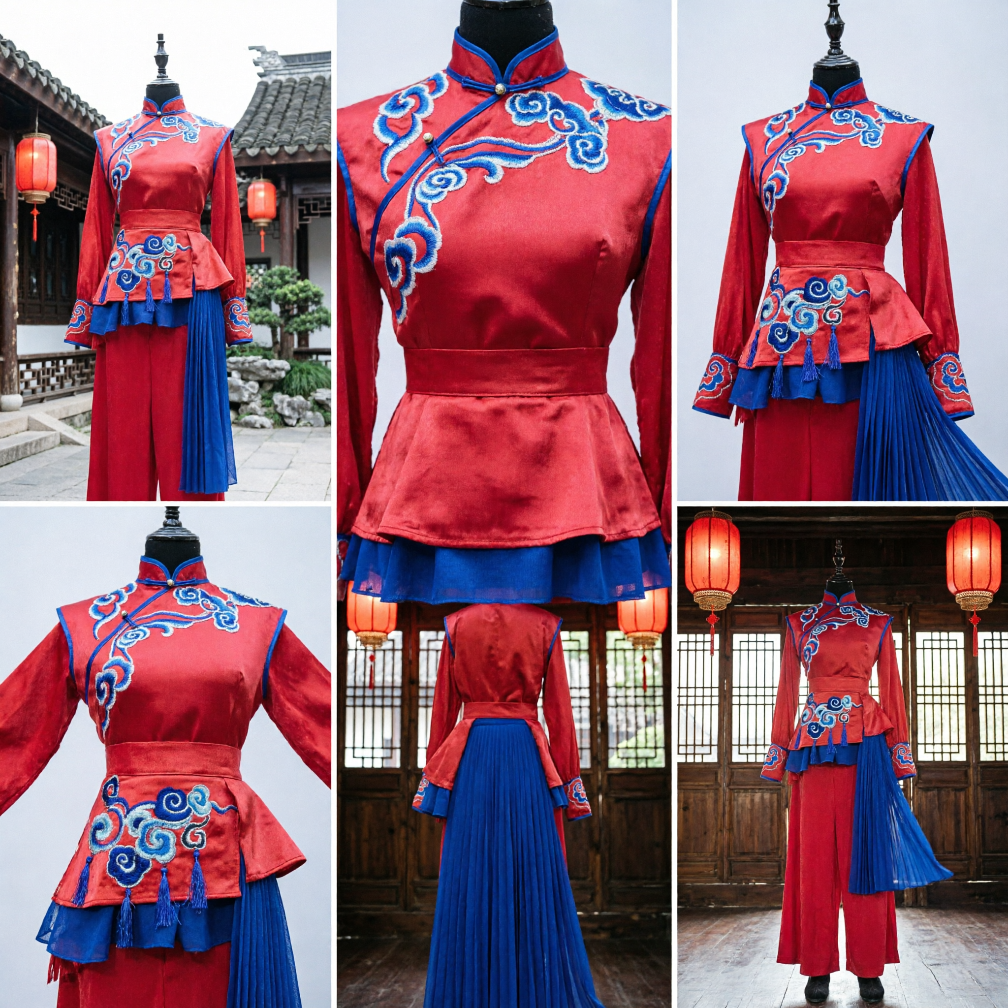 Traditional Chinese Folk Dance Costume Red and Blue Embroidered Yangge Stage Performance Outfit for Adults