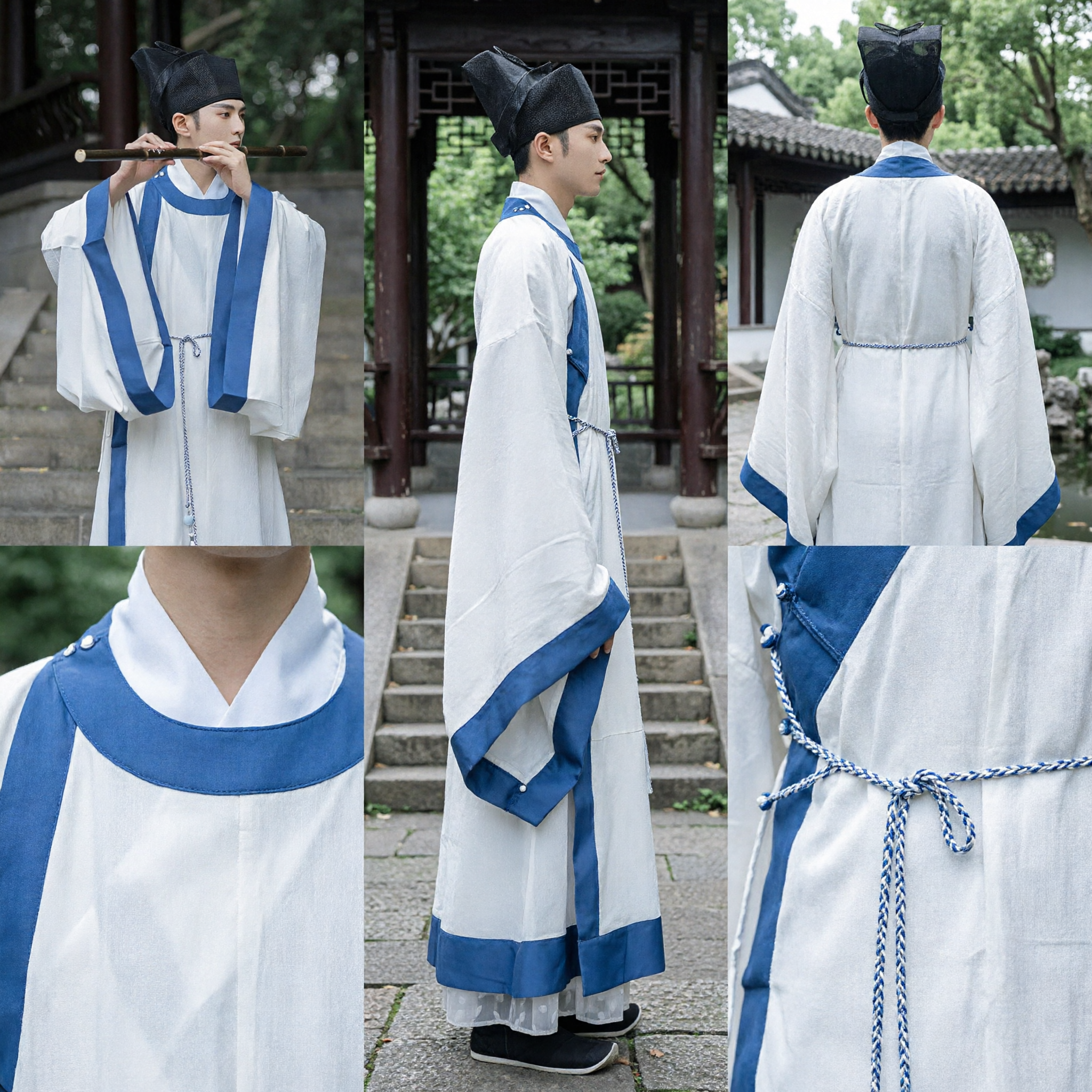 Traditional Chinese Hanfu Song Dynasty Scholar Costume Men White Blue Ancient Robe Complete Set for Performance