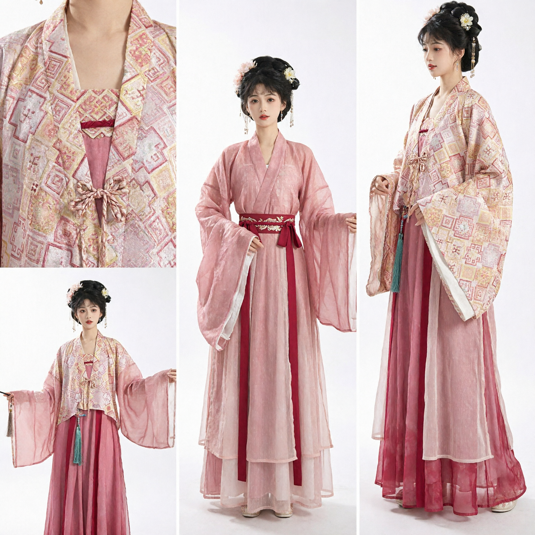 Pink Tang Dynasty Hanfu Traditional Chinese Clothing Wide Sleeve Geometric Pattern Costume Set for Women Festival