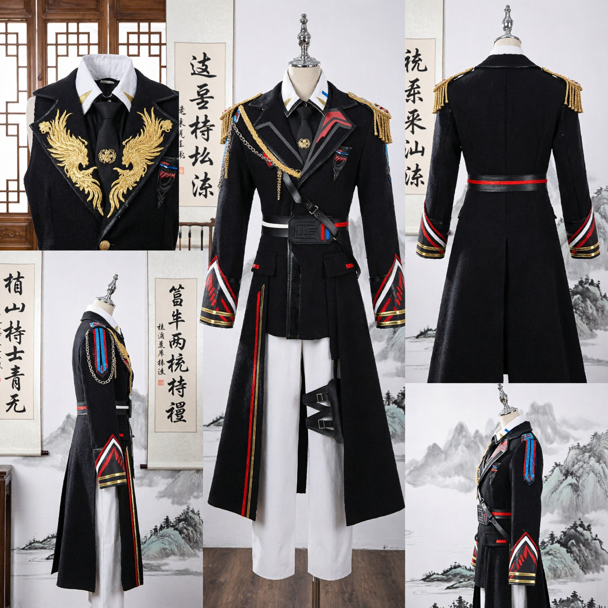 Men's Black Military Officer Cosplay Costume Full Set with Gold Chain and White Trousers for Halloween