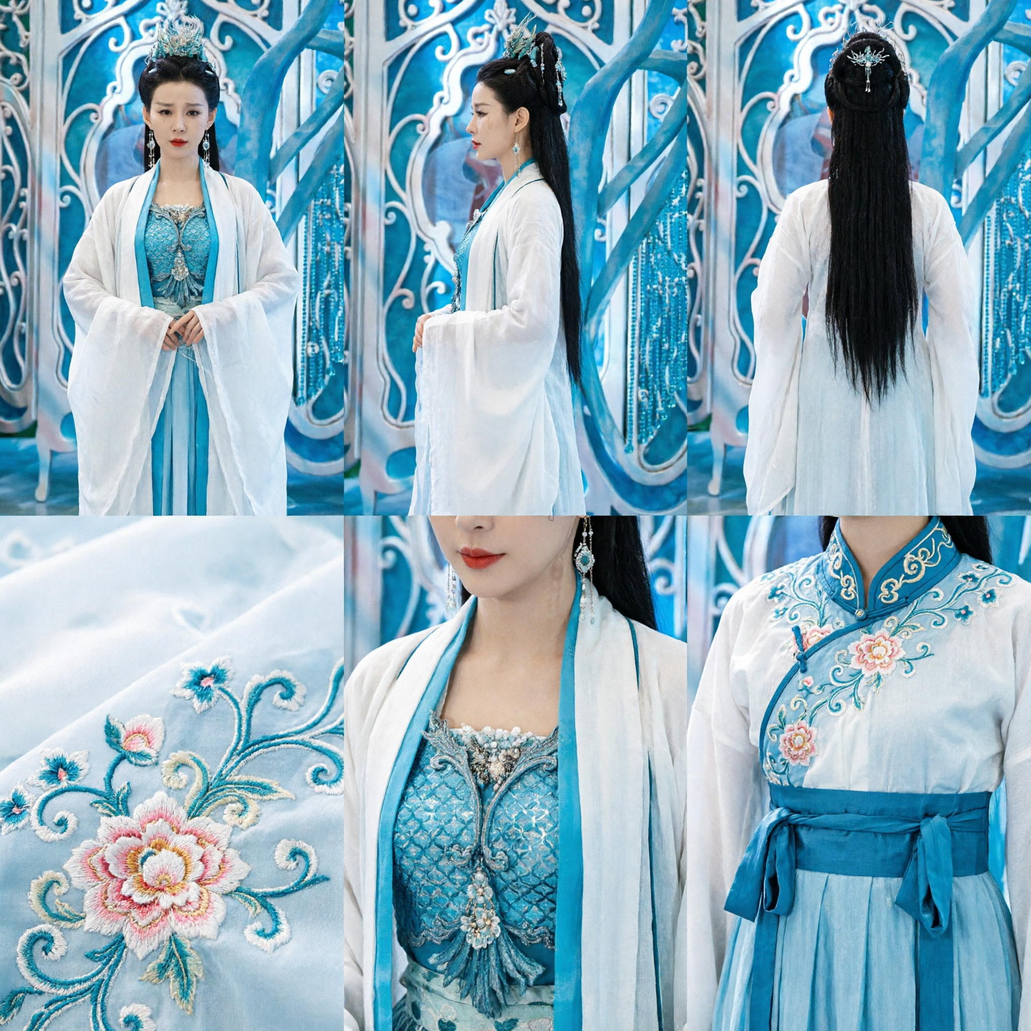 Exquisite Chinese Ancient Xianxia Fantasy Costume Blue Mermaid Princess Dress for Women Cosplay