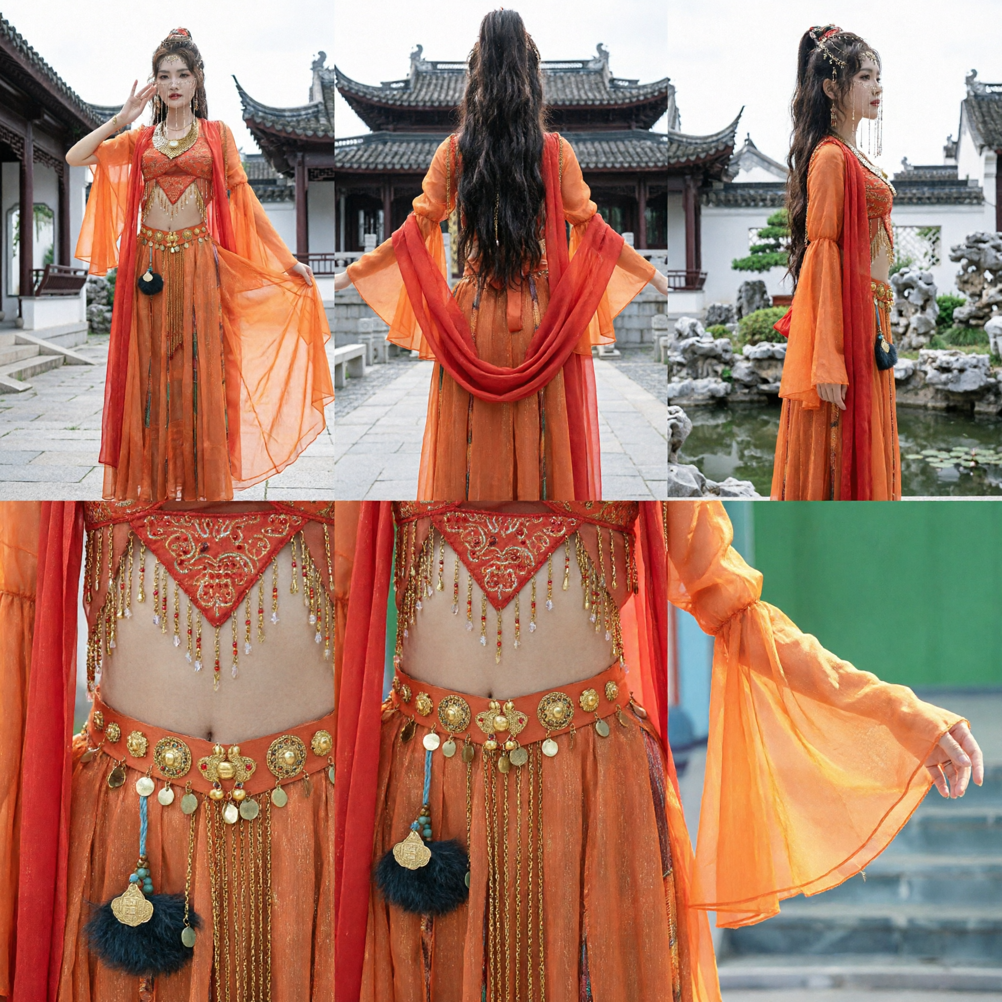Traditional Chinese Dunhuang Dancer Costume Orange Hanfu Set with Jewelry for Women Stage Performance