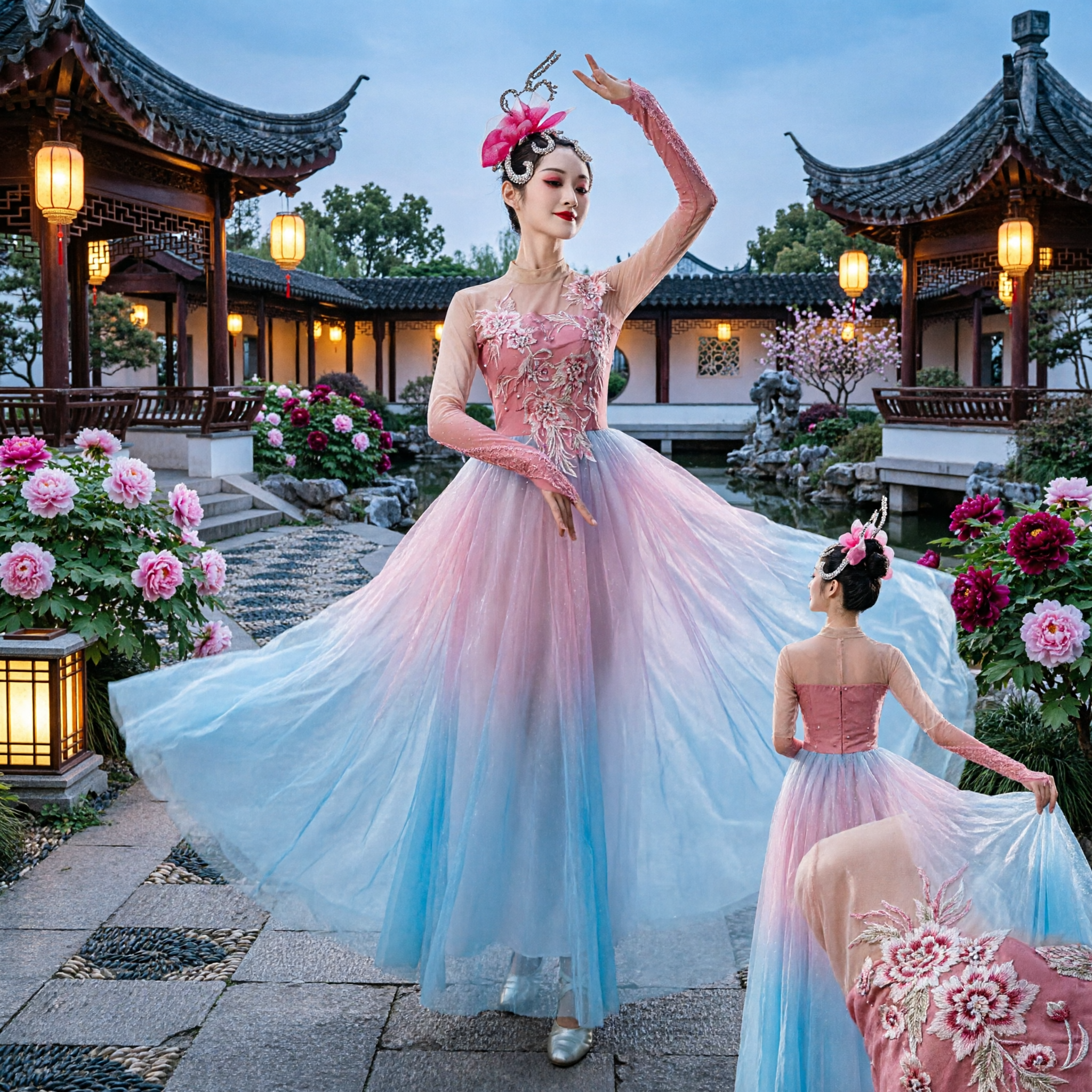 Elegant Women's Chinese Classical Dance Costume Pink Gradient Tulle Gown with Floral Embroidery for Stage Performance