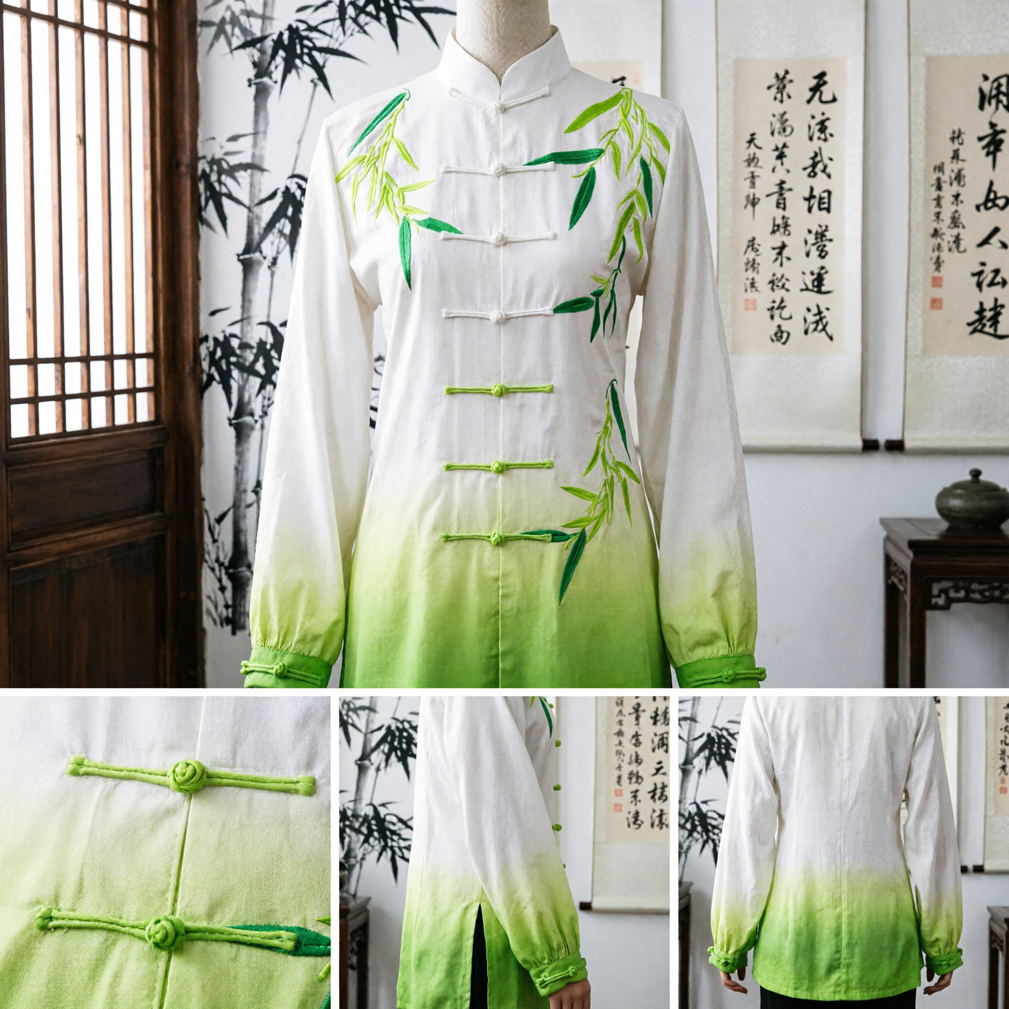 Traditional Chinese Tai Chi Uniform Kung Fu Suit Silk Bamboo Pattern Martial Arts Clothing Set
