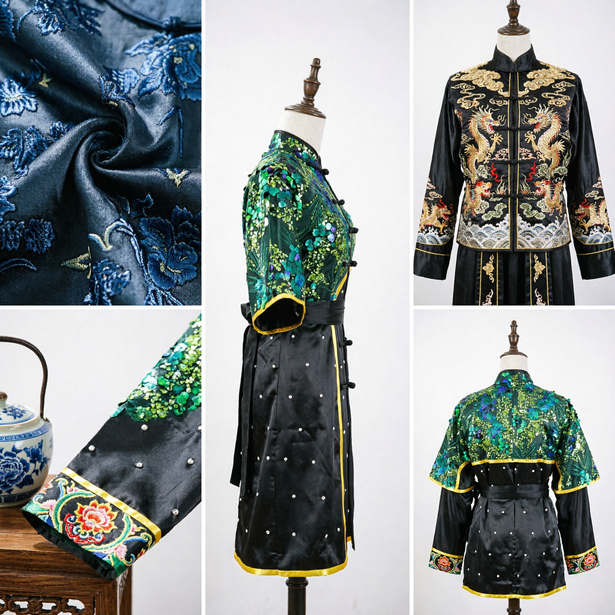 Men's Traditional Chinese Kung Fu Uniform Green Sequin Wushu Martial Arts Performance Costume Set