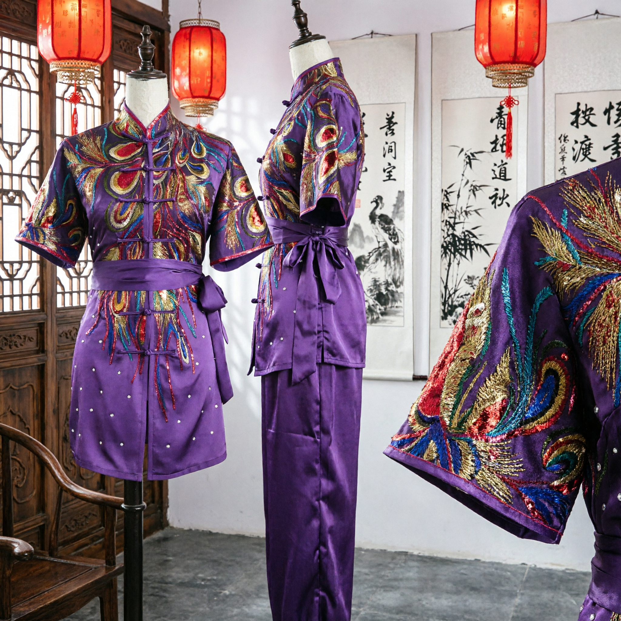 Purple Peacock Embroidery Chinese Kung Fu Suit Tai Chi Uniform Traditional Martial Arts Performance Costume for Women
