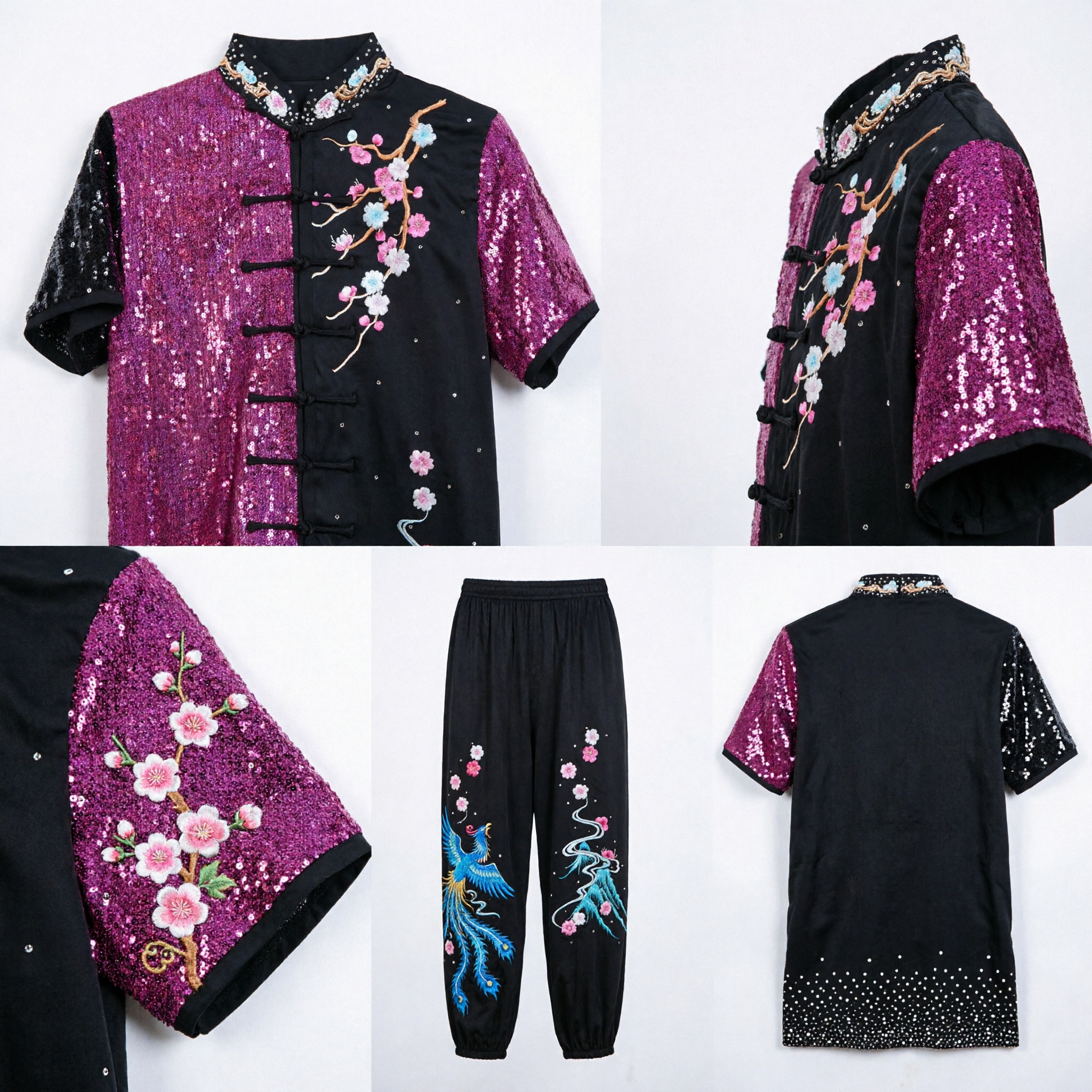 Traditional Chinese Tang Suit Performance Costume Set with Plum Blossom Embroidery and Purple Sequins for Folk Dance