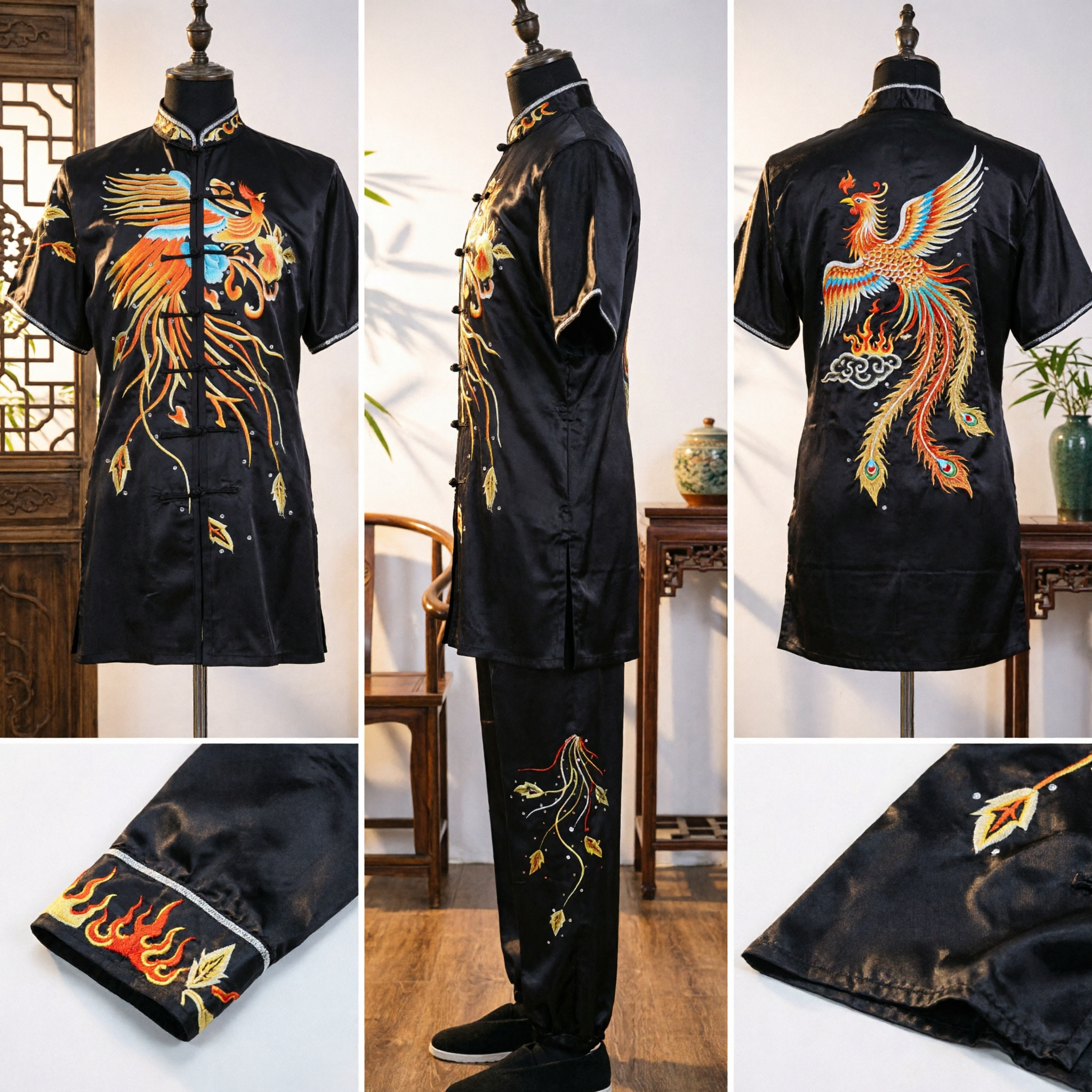 Traditional Chinese Black Phoenix Embroidery Kung Fu Uniform Men's Tai Chi Martial Arts Performance Costume