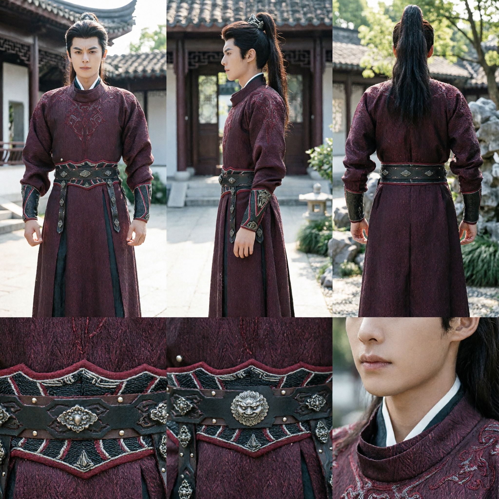 Men's Burgundy Wuxia Swordsman Hanfu Costume Ancient Chinese Knight Warrior Embroidered Robe for Cosplay