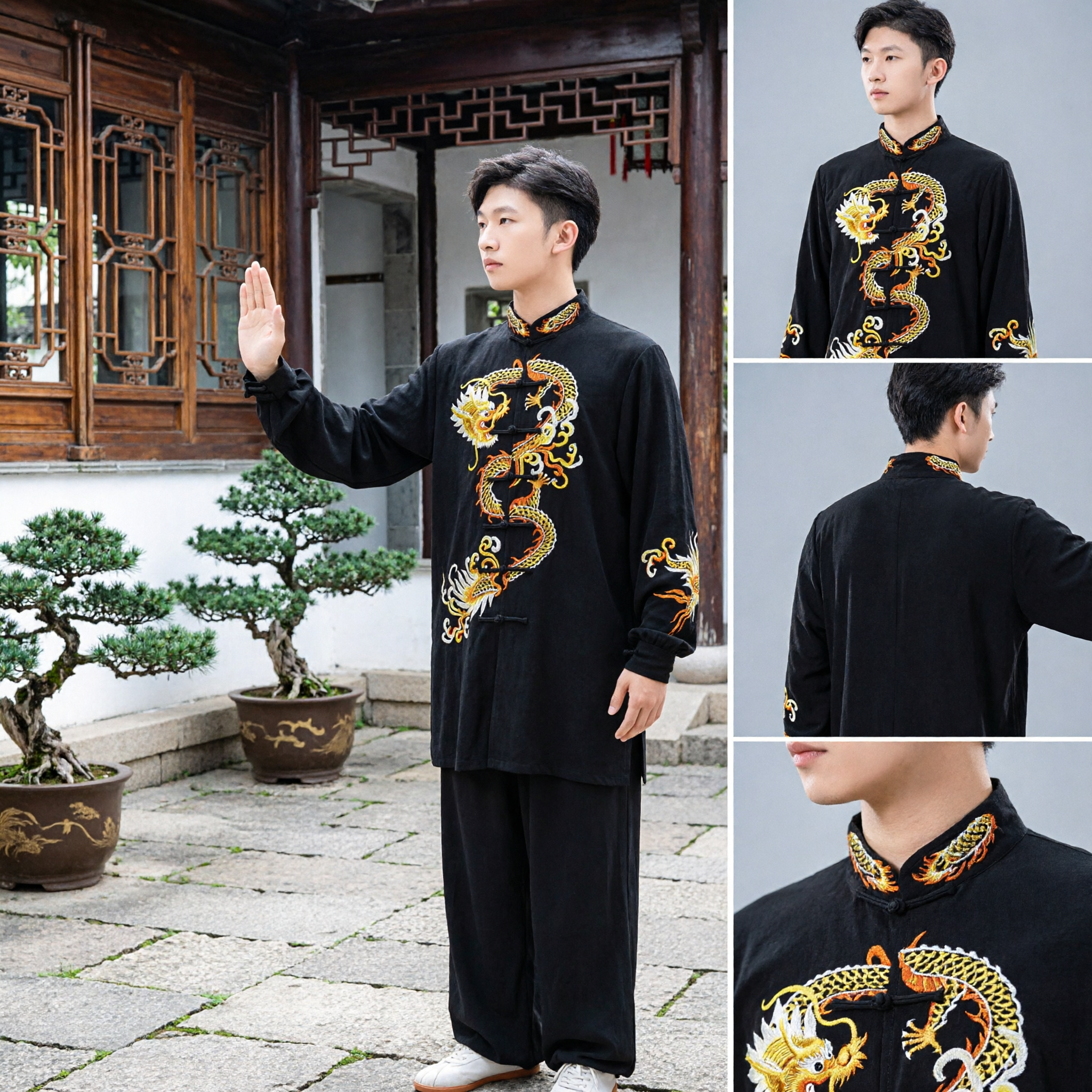 Men's Black Traditional Chinese Kung Fu Uniform Gold Dragon Embroidery Tai Chi Martial Arts Tang Suit