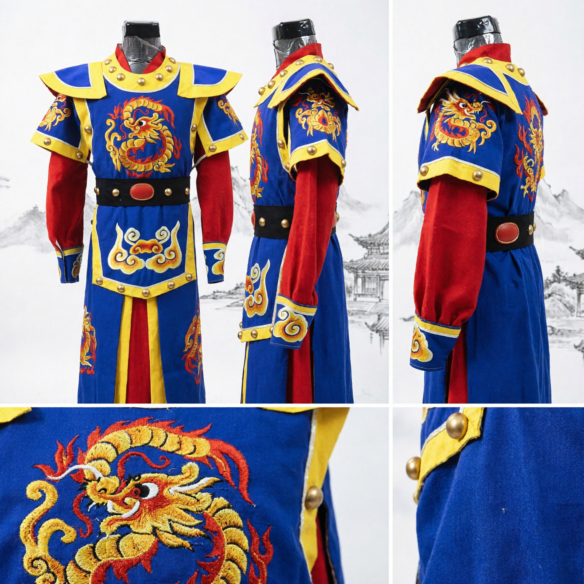 Traditional Chinese Ancient General Armor Blue Dragon Embroidery Costume for Men Stage Performance Cosplay