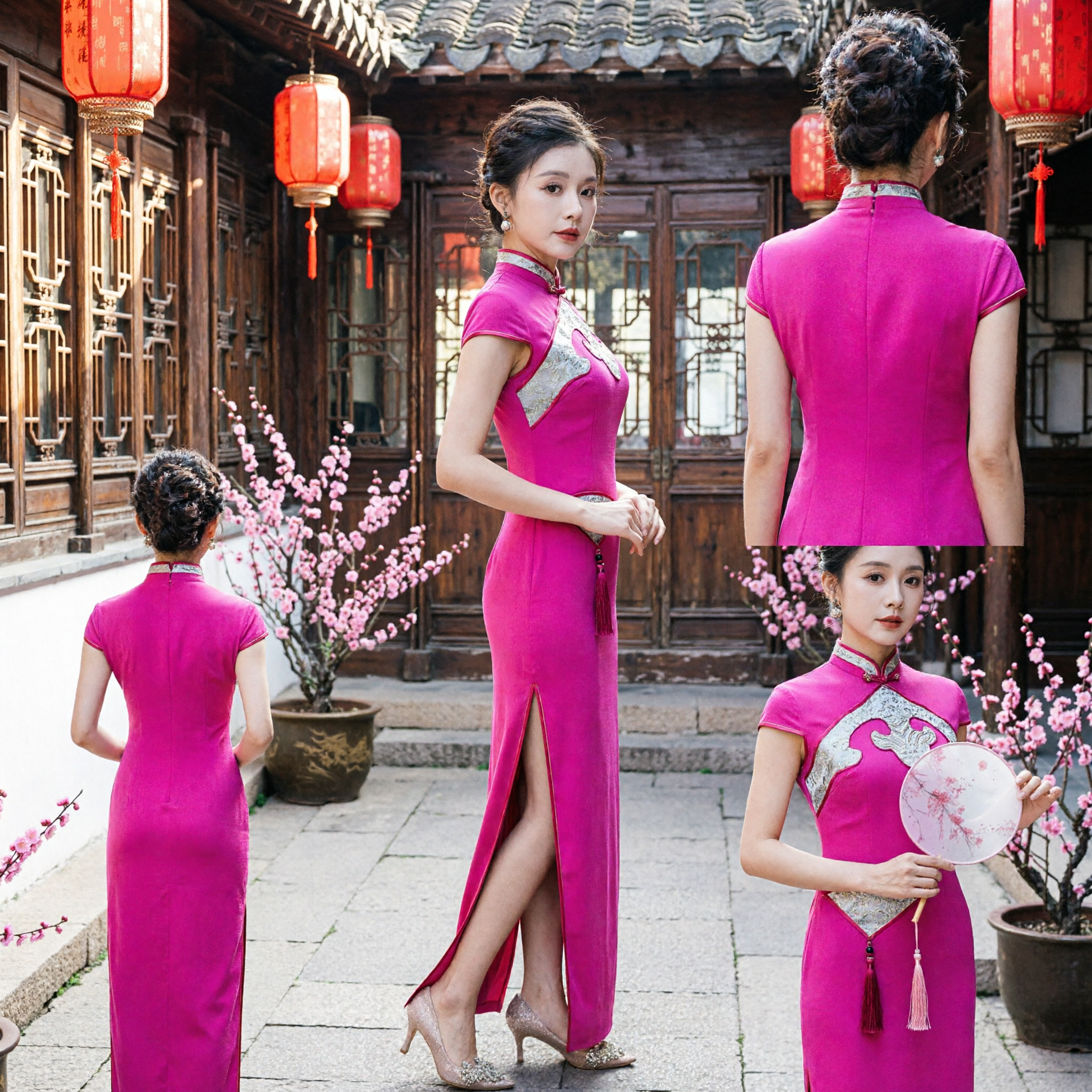 Elegant Bright Pink Chinese Cheongsam Long Qipao Dress Traditional Mandarin Collar Formal Evening Gown for Women