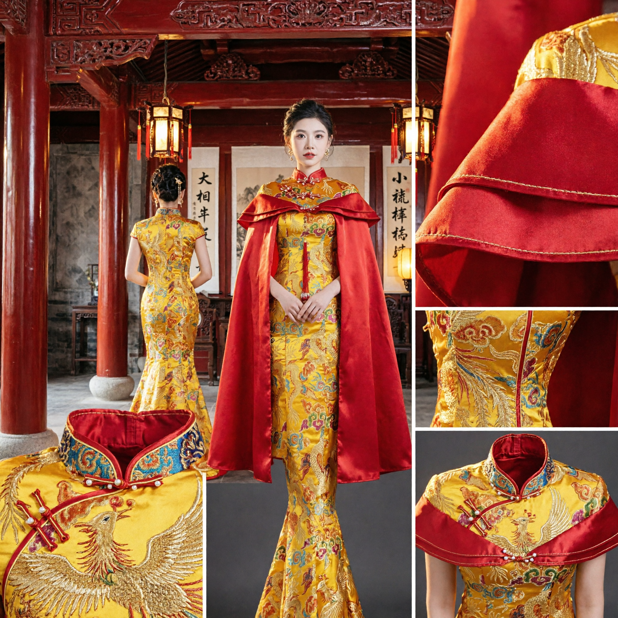 Traditional Chinese Wedding Dress Yellow Dragon Phoenix Embroidered Mermaid Xiu He Fu with Red Cape Bridal Gown