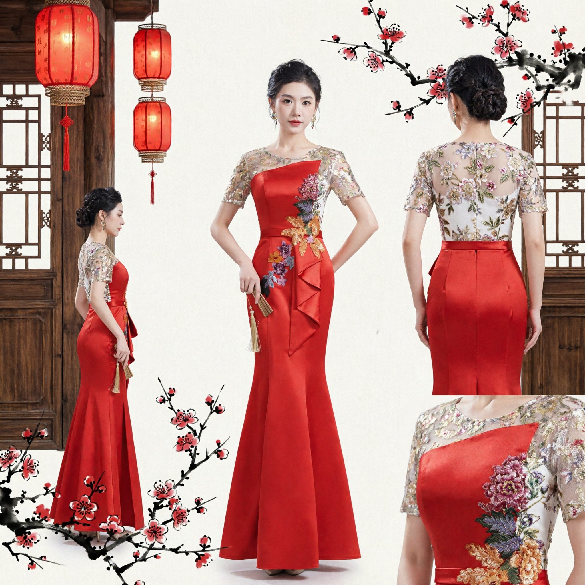 Elegant Red Mermaid Wedding Toast Dress Chinese Style Evening Gown with Floral Embroidery for Bride Hostess