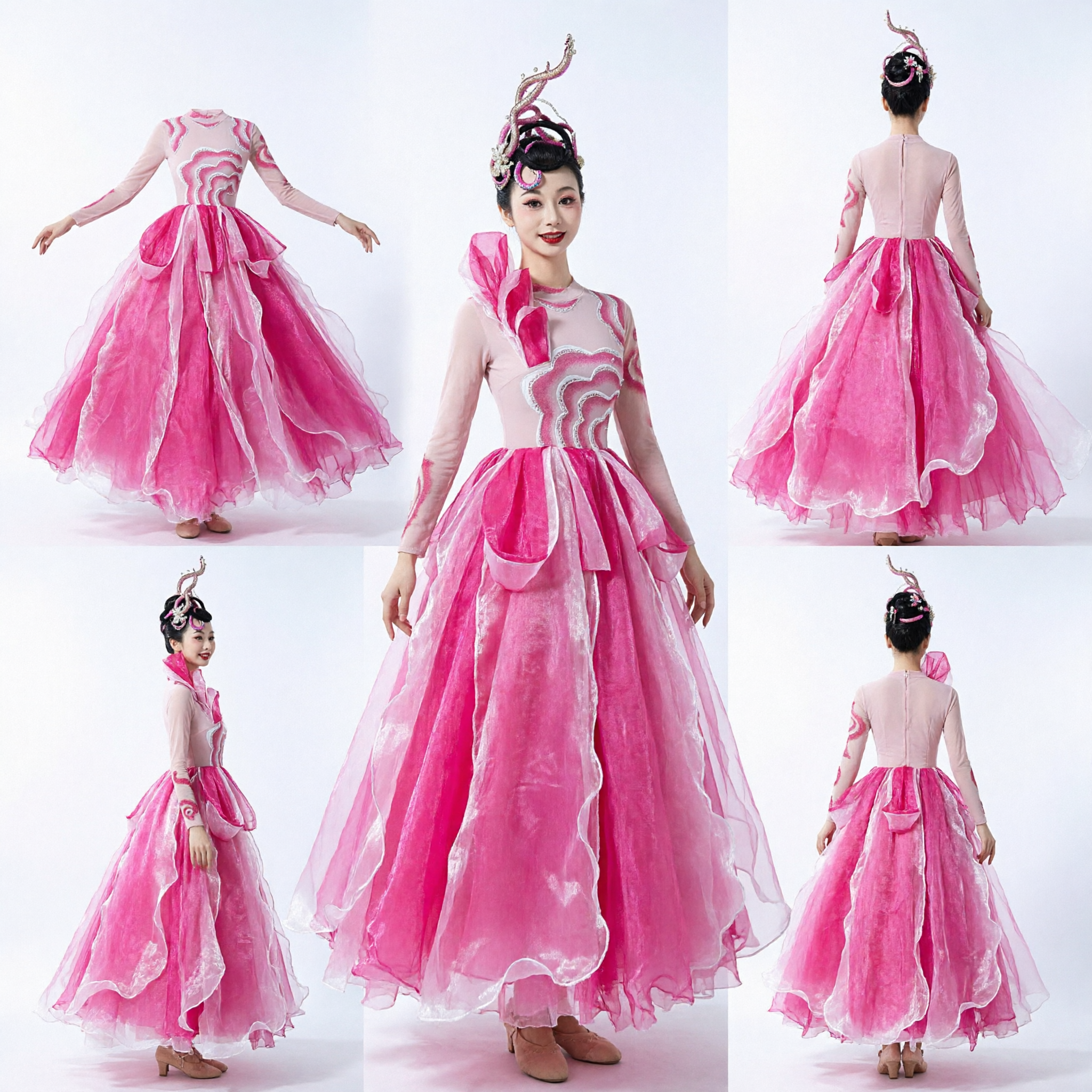 Elegant Pink Classical Chinese Dance Costume Women Traditional Long Sleeve Stage Performance Dress