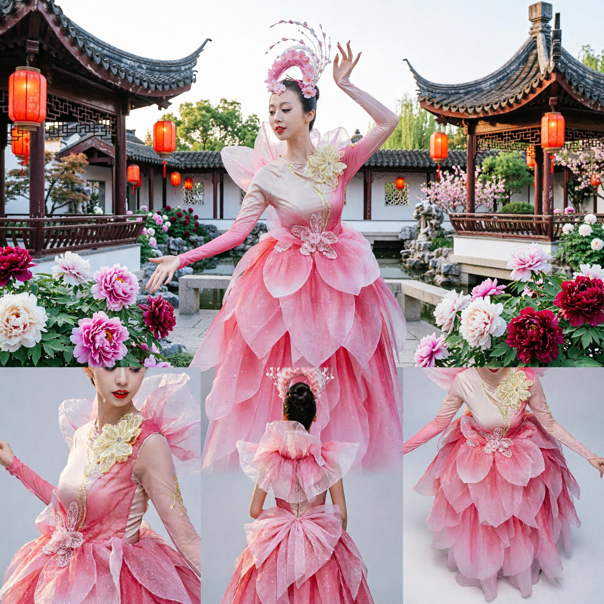 Pink Chinese Classical Dance Costume Flower Fairy Dress Stage Performance Folk Dance Outfit for Women with Headpiece